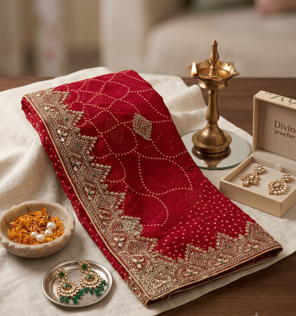 Handcrafted 2.5-Meter Red Bandhani Chunari with Heavy Zardozi Cutwork Border