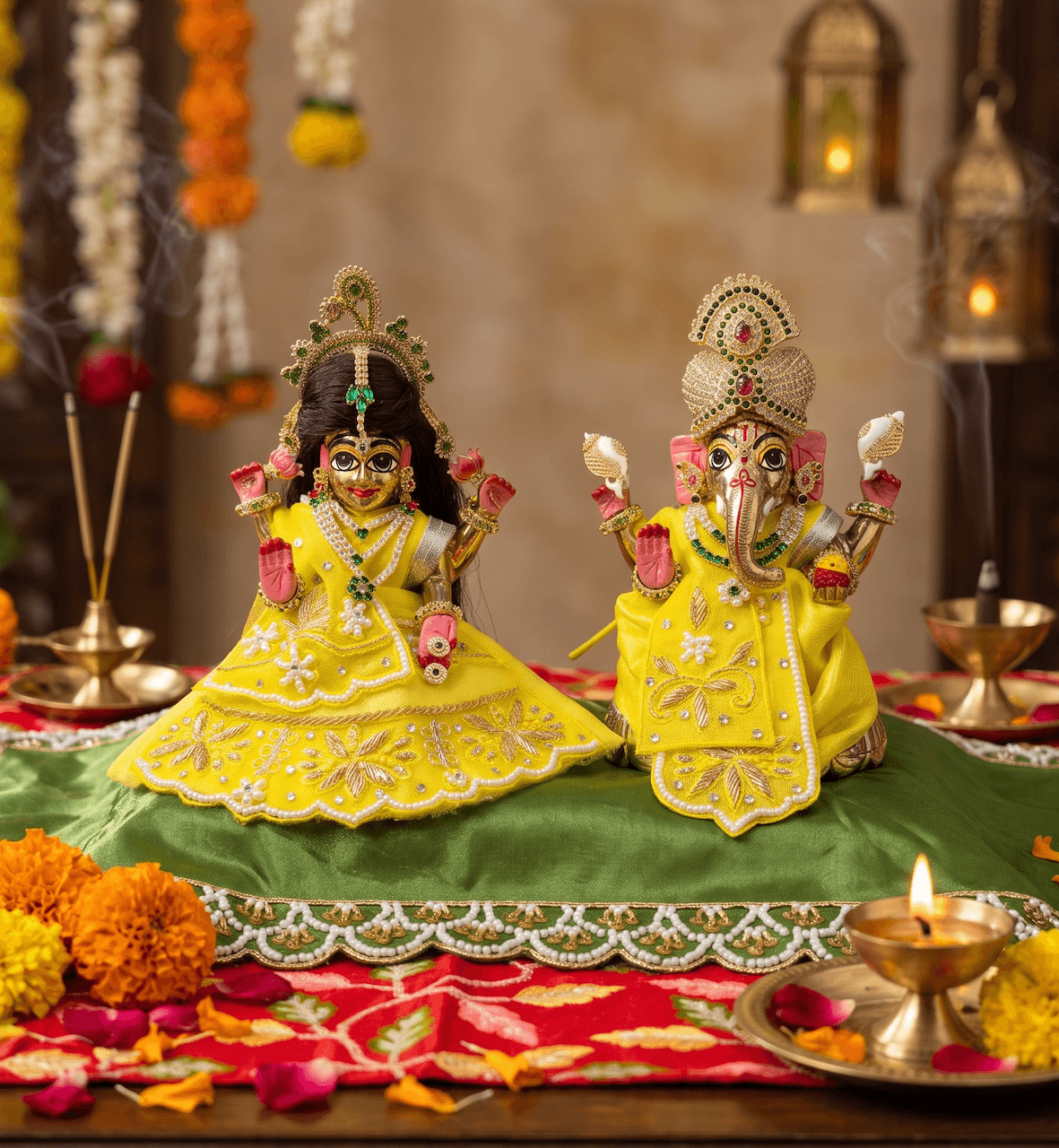 ISCKON Style Superfine Brass Laxmi Ganesh Vigraha Idol Pair with Hand-Painted Facial Features & Enamel Details on Lotus Pedestals for Home Mandir, Dhanteras & Diwali Pooja - 5.5 inch — image 2