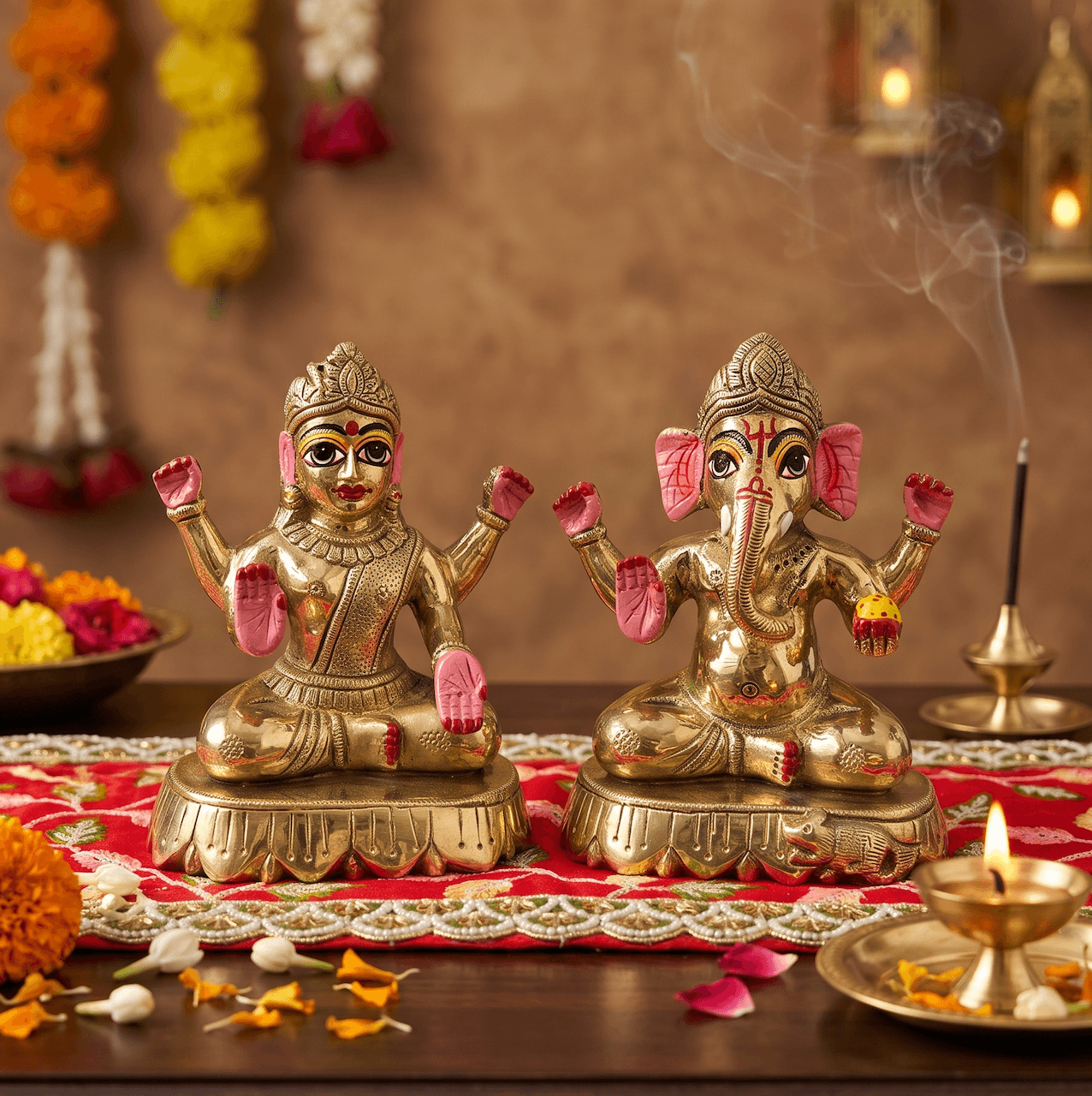 ISCKON Style Superfine Brass Laxmi Ganesh Vigraha Idol Pair with Hand-Painted Facial Features & Enamel Details on Lotus Pedestals for Home Mandir, Dhanteras & Diwali Pooja - 5.5 inch — image 1