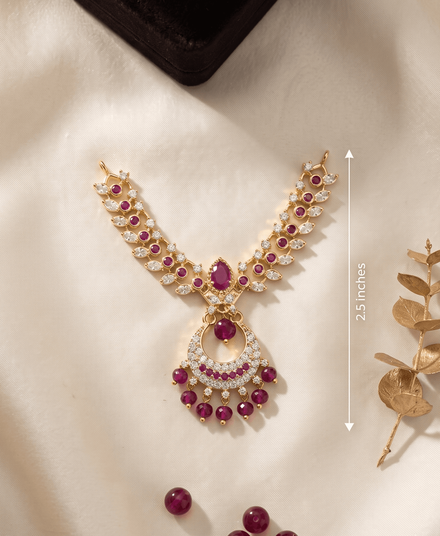 Handcrafted Gold-Plated AD & Pearl Crescent Pendant Deity Necklace for God Idols - Small / Ruby — image 2