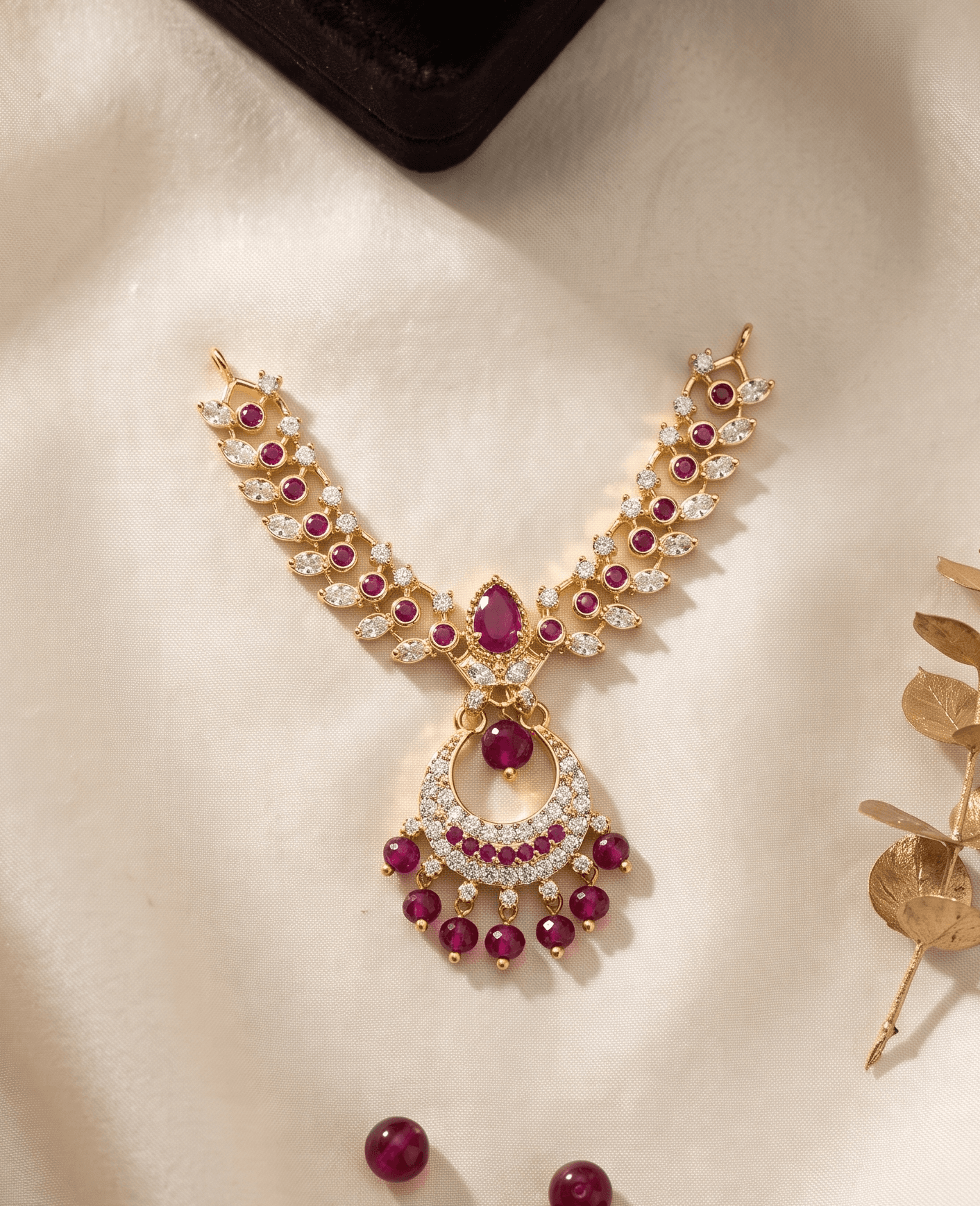 Handcrafted Gold-Plated AD & Pearl Crescent Pendant Deity Necklace for God Idols - Small / Ruby — image 1