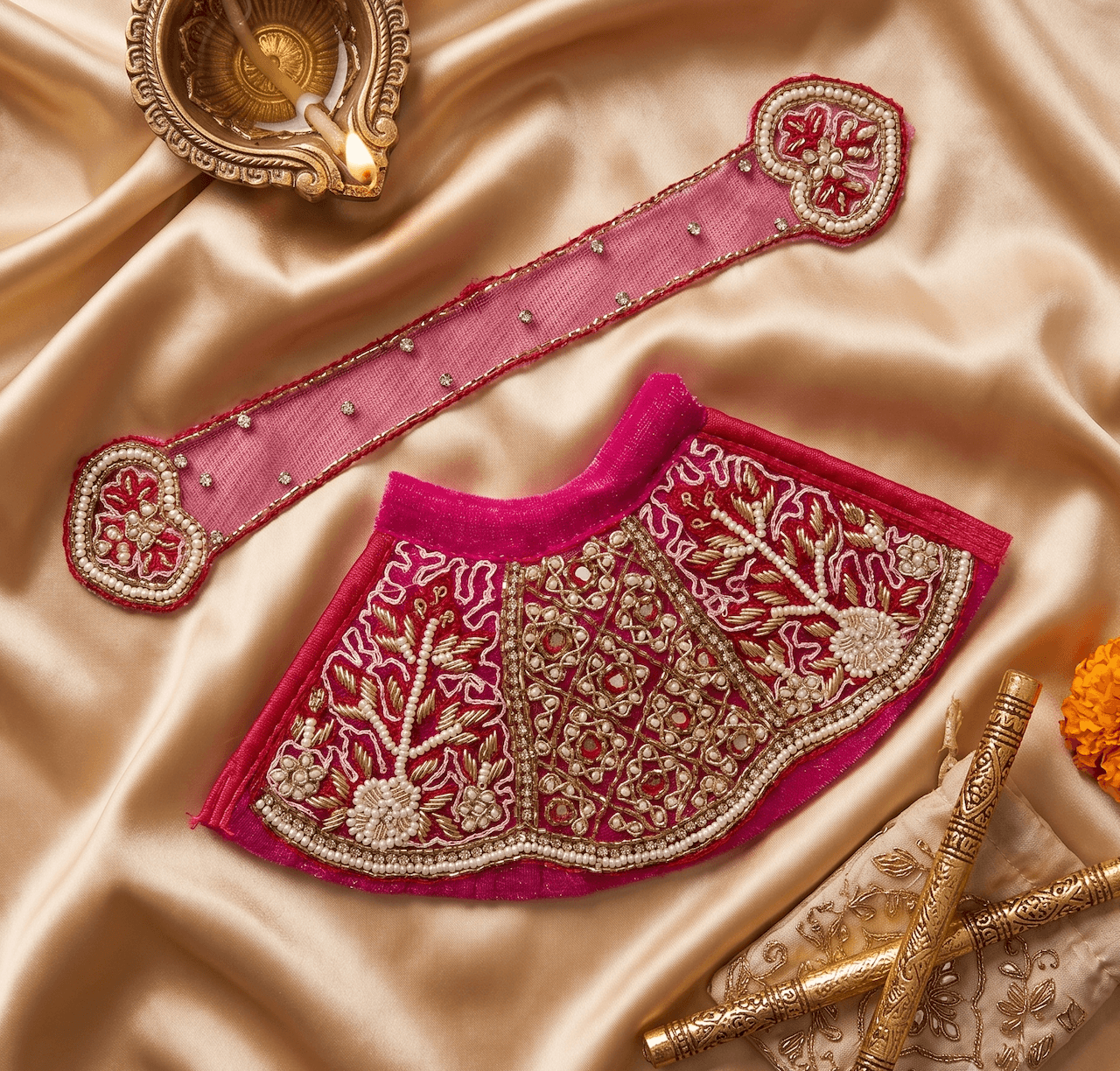 Handcrafted Rani Pink Net Zardozi & Pearl Mata Rani Poshak Set — image 1