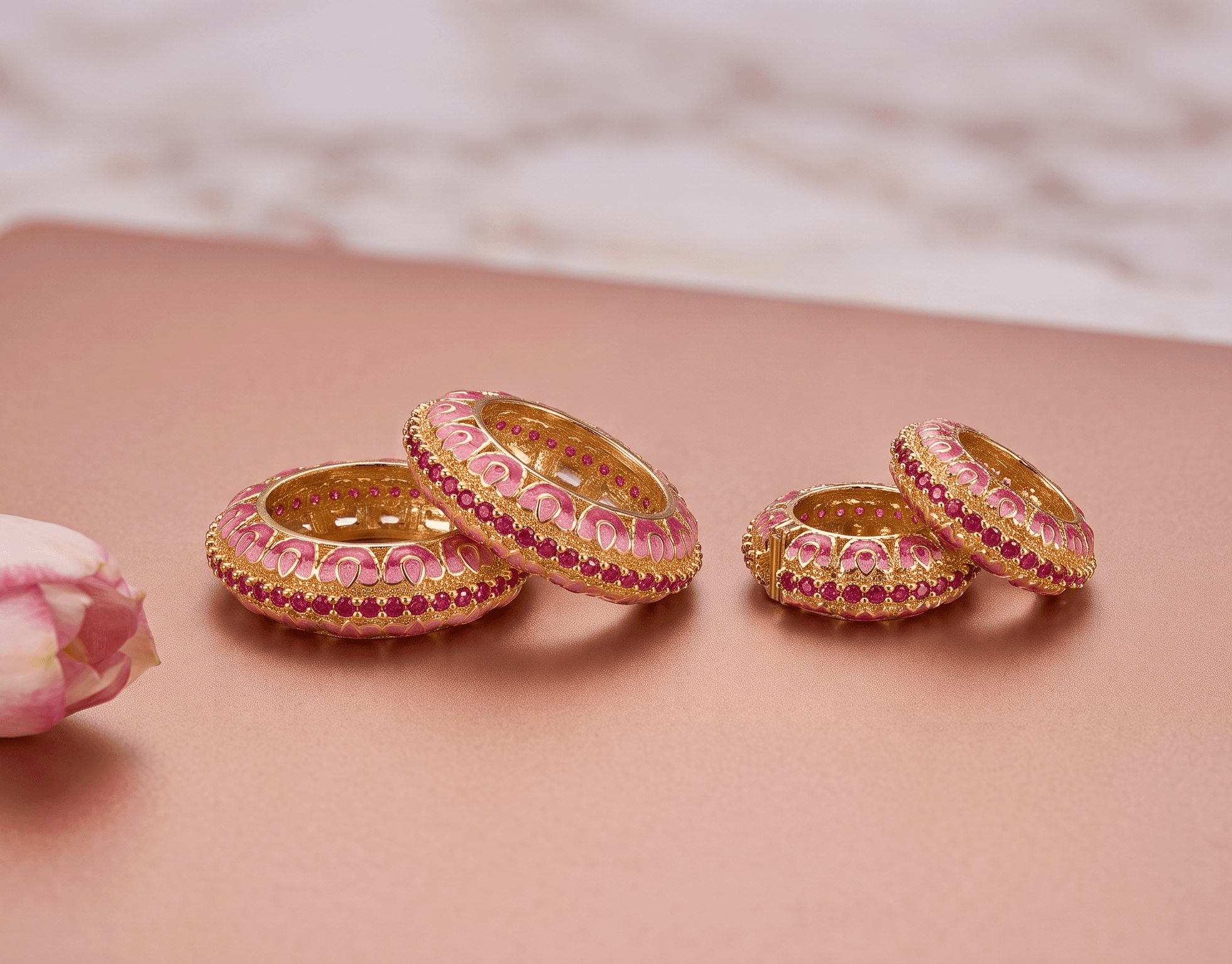 Handcrafted Curved Blush Pink Meenakari AD Lotus Kada Set for Laddu Gopal & Deity Idols — image 2