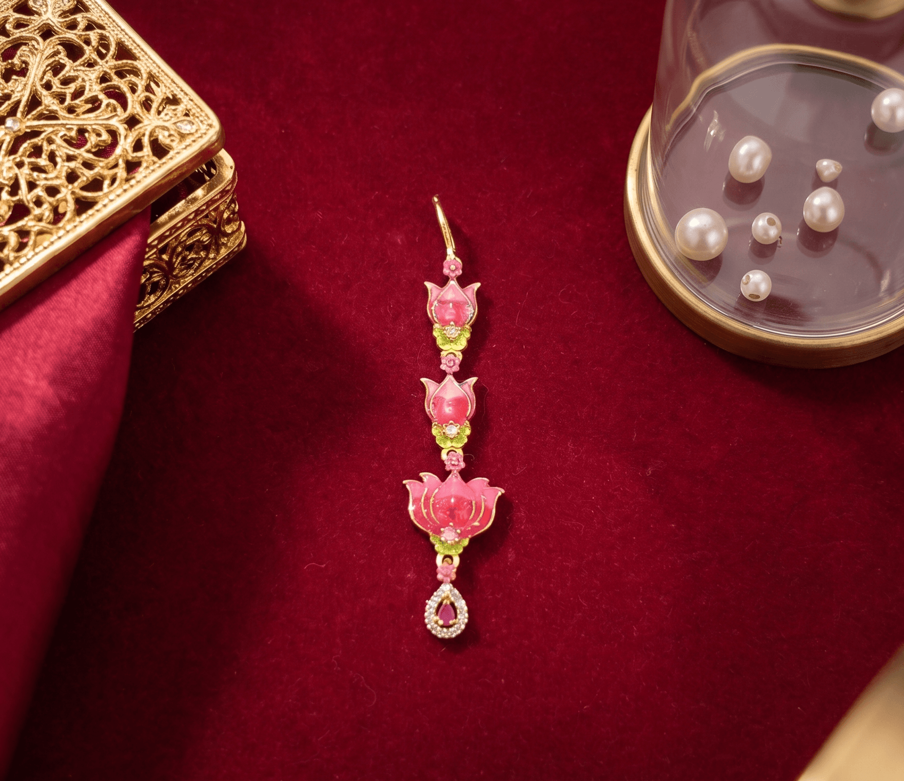 Handcrafted Pink Meenakari Lotus AD Maang Tikka (Damini / Matha Patti) for Radha Rani, Goddess & Deity Idols