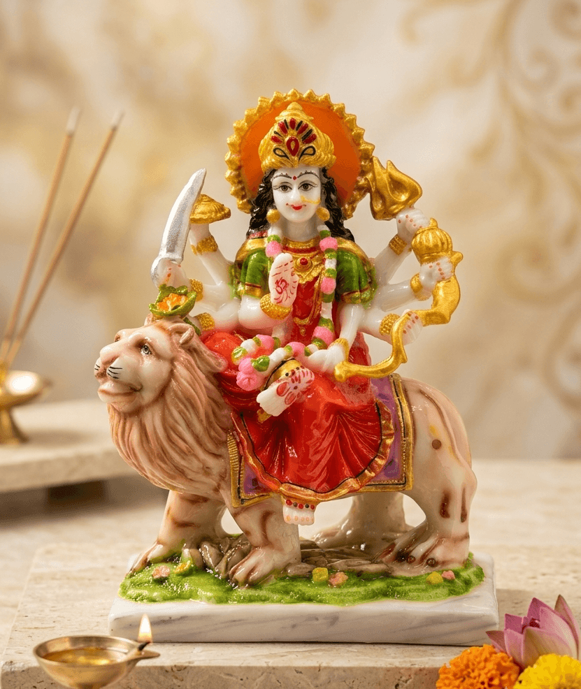 9-Inch Hand-Painted Marble Dust Maa Durga Statue on Lion
