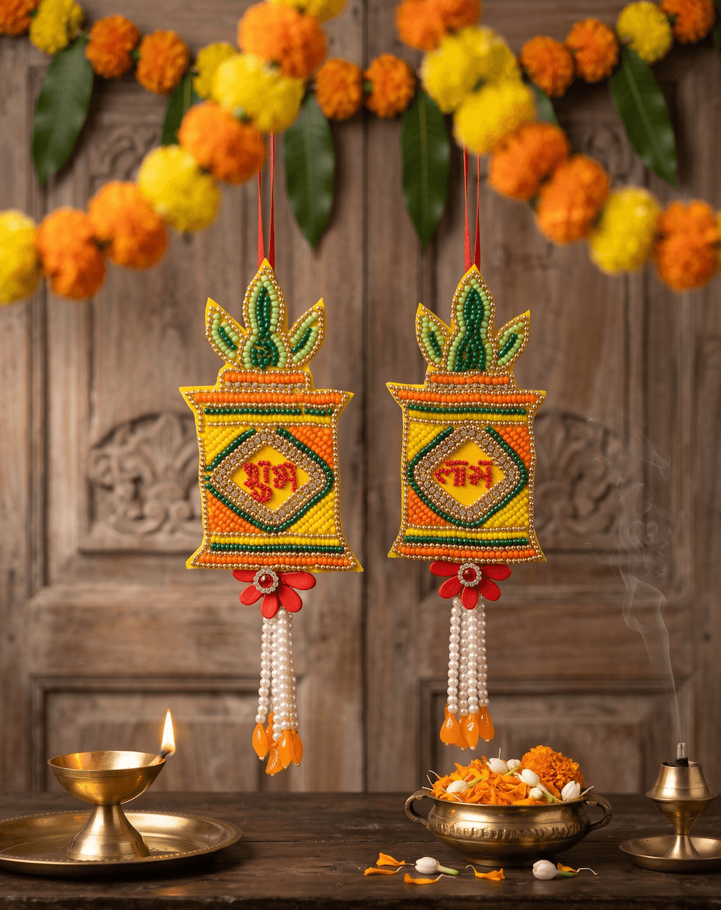 Handcrafted Yellow & Green Beaded Mangal Kalash Shubh Labh Hanging Latkan Set for Door & Wall Decor — image 1