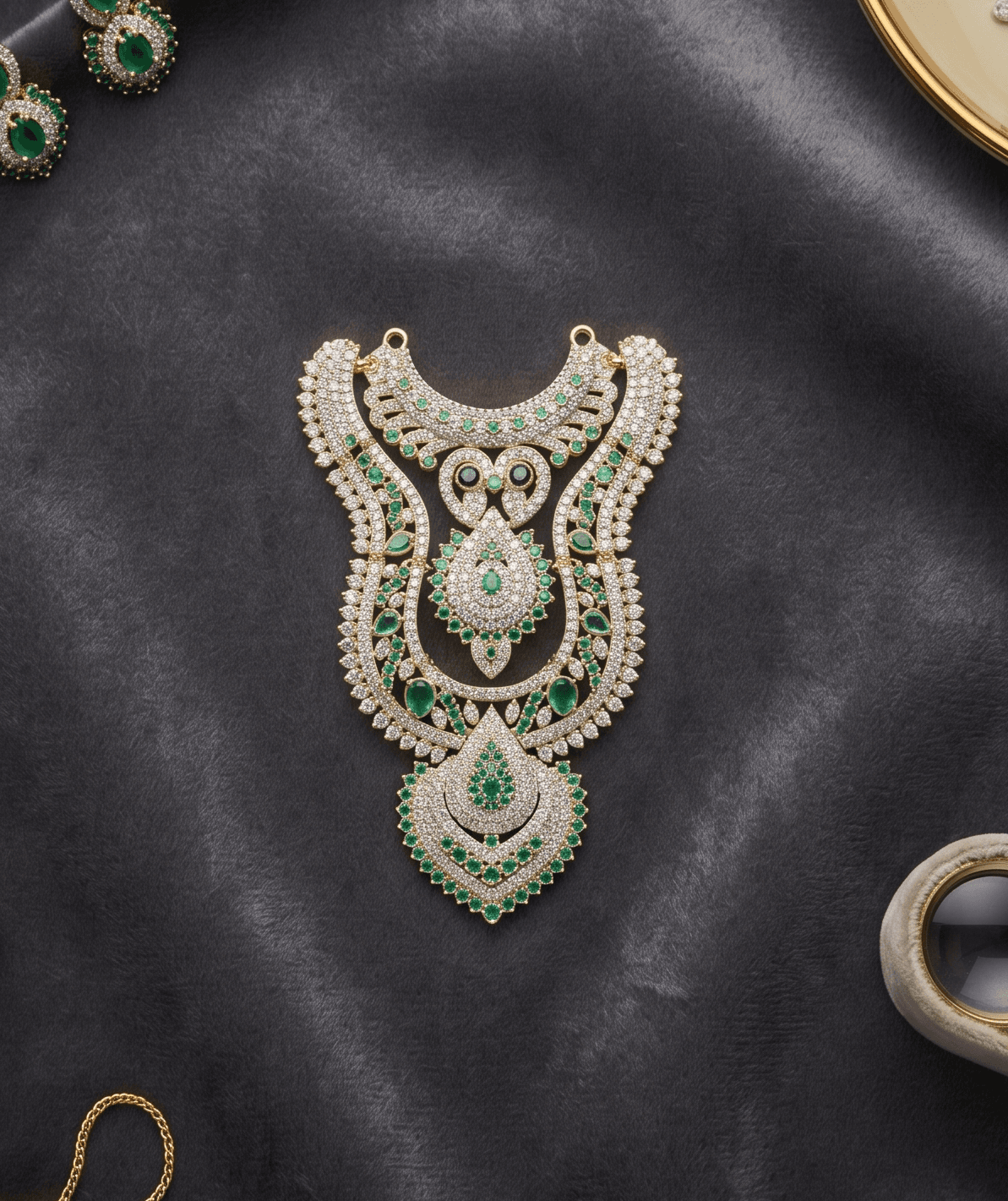 Handcrafted Mayura Padam AD Deity Hasli with Scalloped Heart Medallion - Green