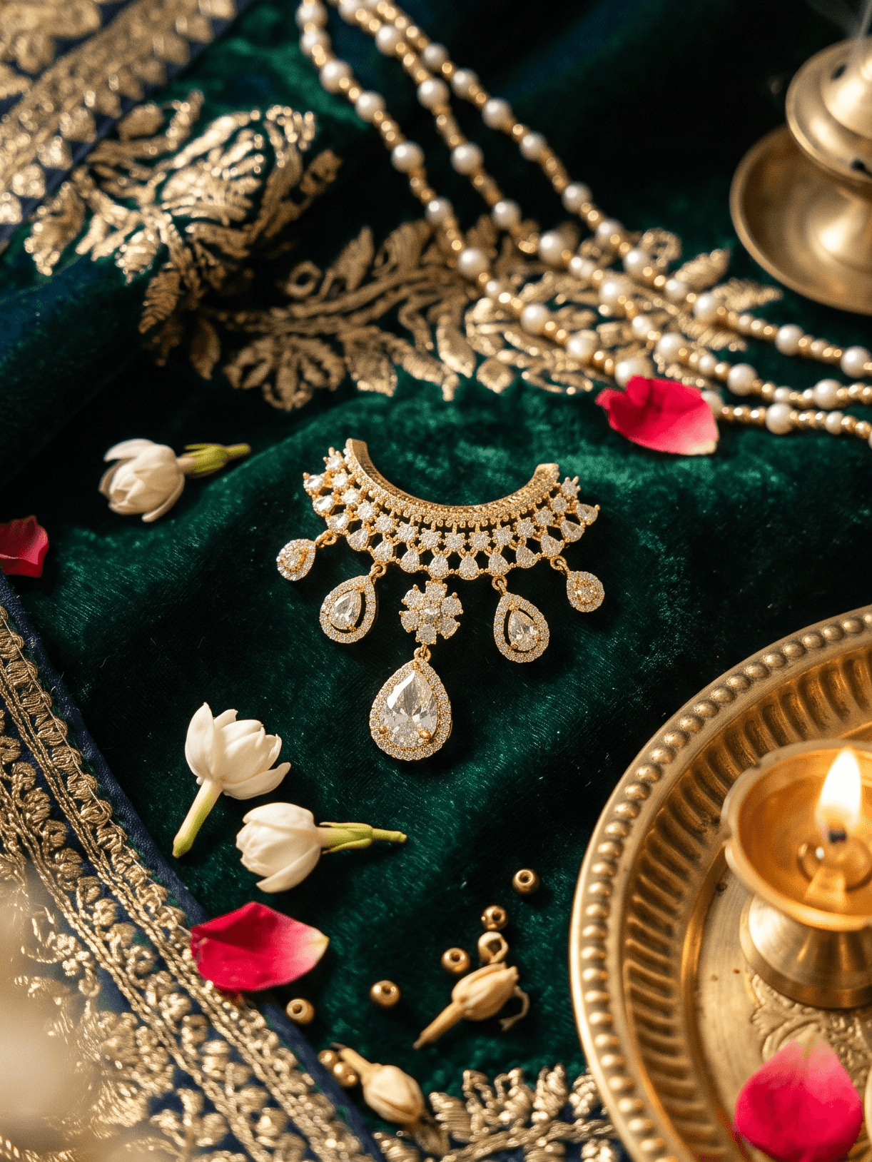 Handcrafted American Diamond (AD) Deity Hasli with Central Floral Motif & Pear Drops - White — image 1