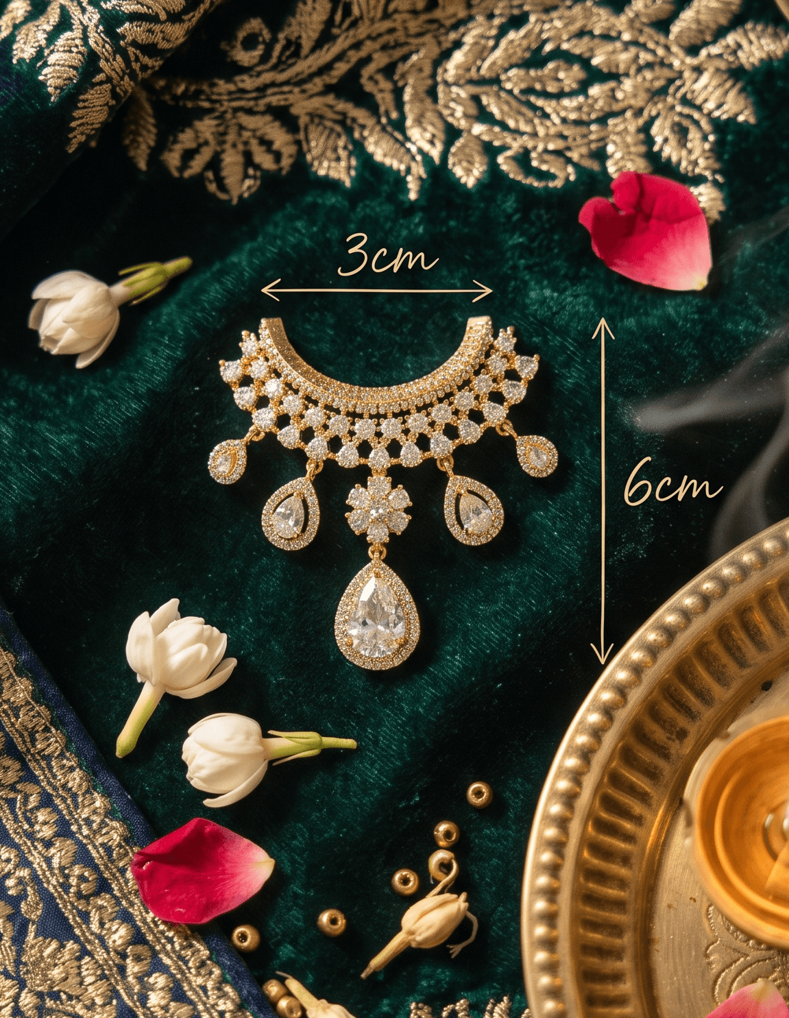 Handcrafted American Diamond (AD) Deity Hasli with Central Floral Motif & Pear Drops - White — image 2