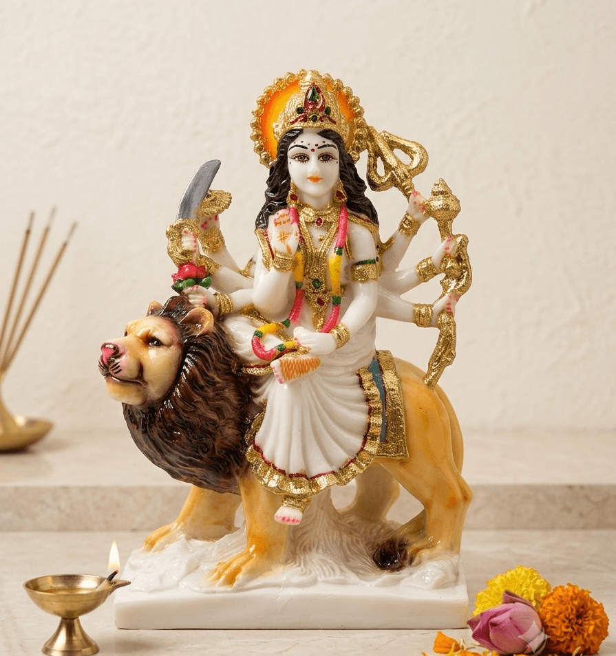 11-Inch Hand-Painted White Marble Dust Maa Durga Statue on Lion