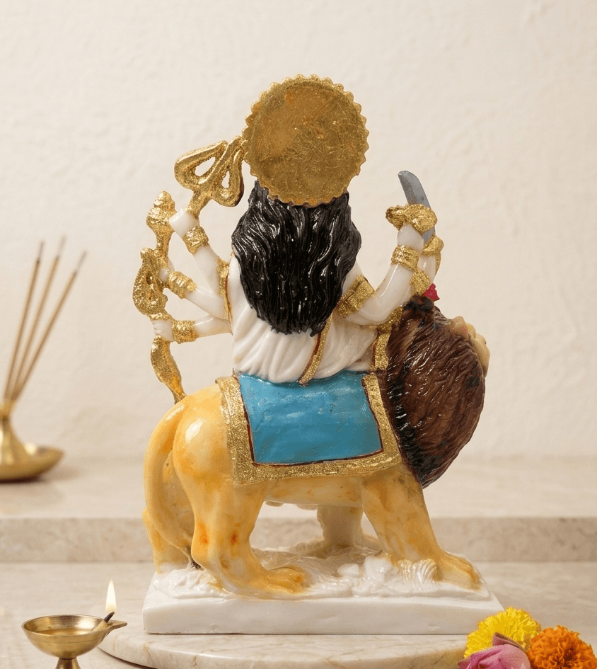 11-Inch Hand-Painted White Marble Dust Maa Durga Statue on Lion — image 2