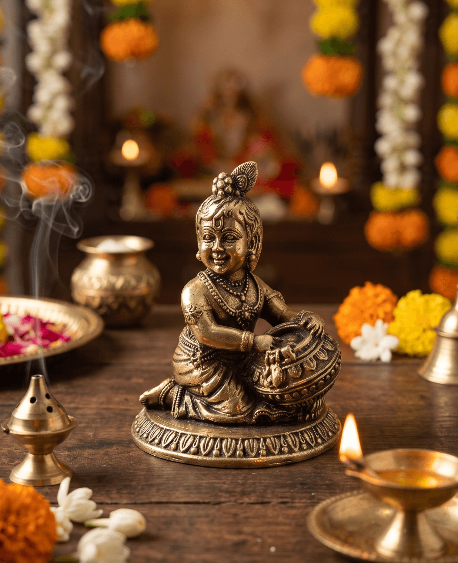 Handcrafted 4 Inch Bal Gopal Makhan Chor Superfine Antique Brass Idol