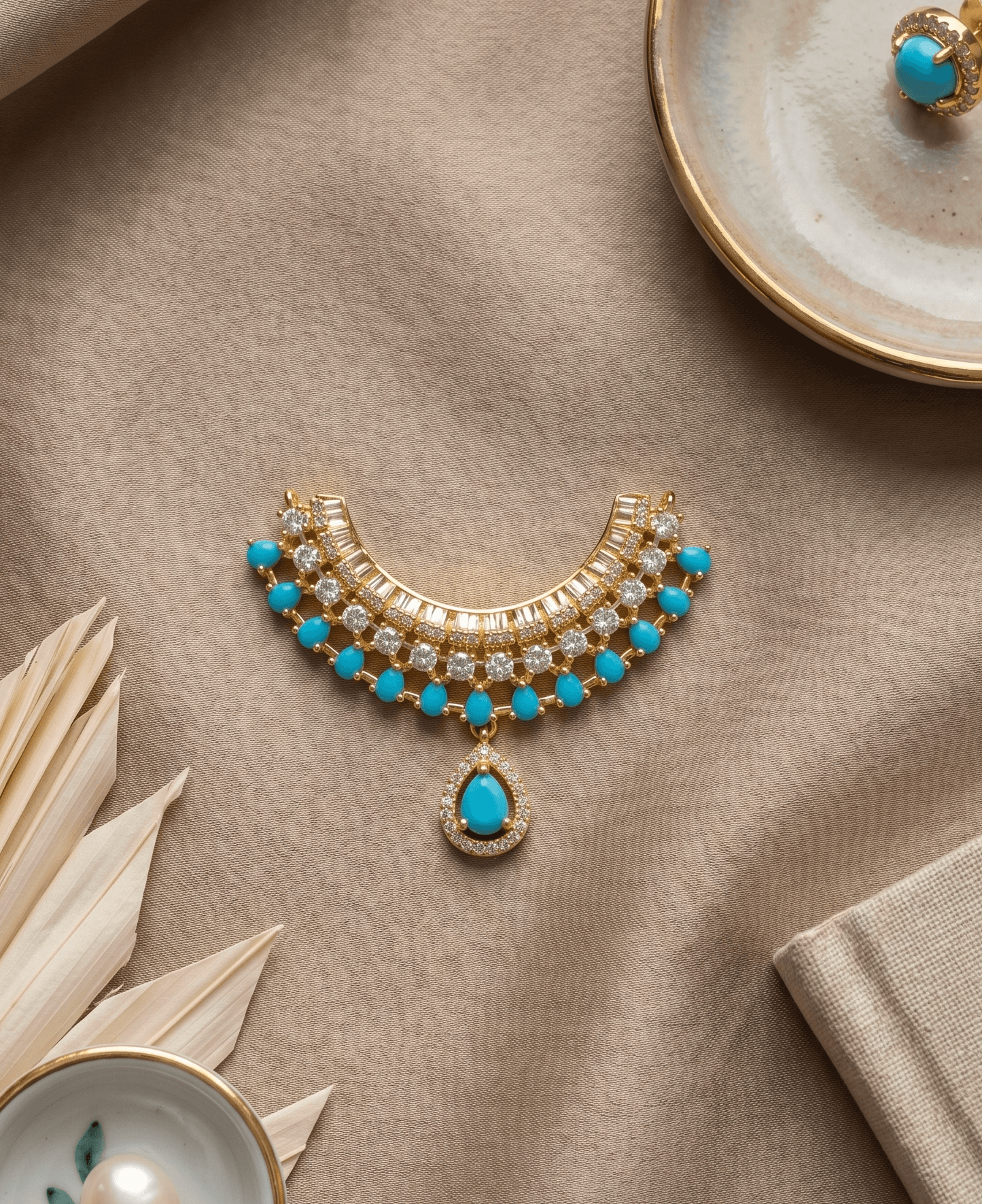 Handcrafted Gold-Plated Tiered Gemstone & AD Deity Choker Necklace for God Idols - Medium / Firozi — image 1