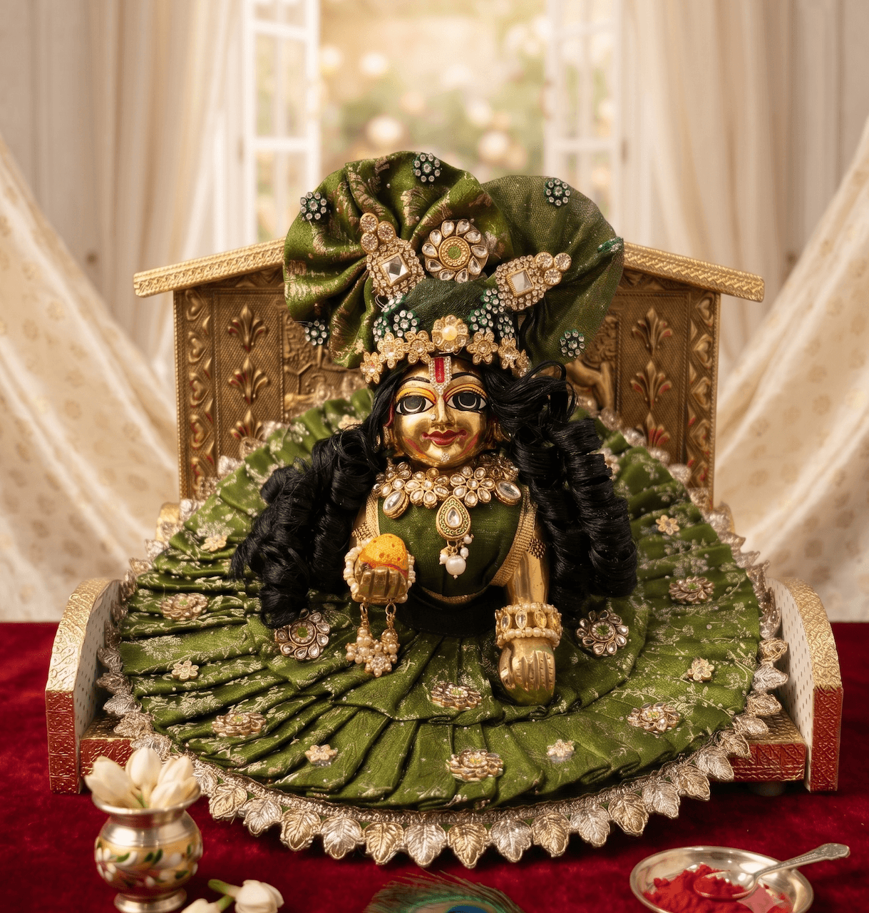 Olive Green Pleated Brocade Silk Poshak with Kundan Work & Matching Pagri for Laddu Gopal