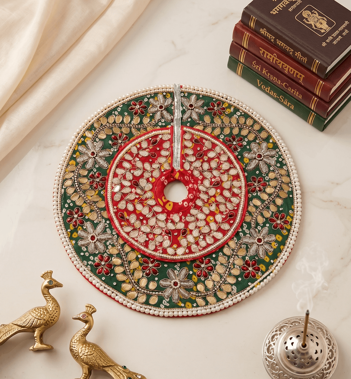Royal Crimson & Emerald Green Bandhani Silk Poshak Set with Gota Patti & Zardozi Work for Laddu Gopal — image 2
