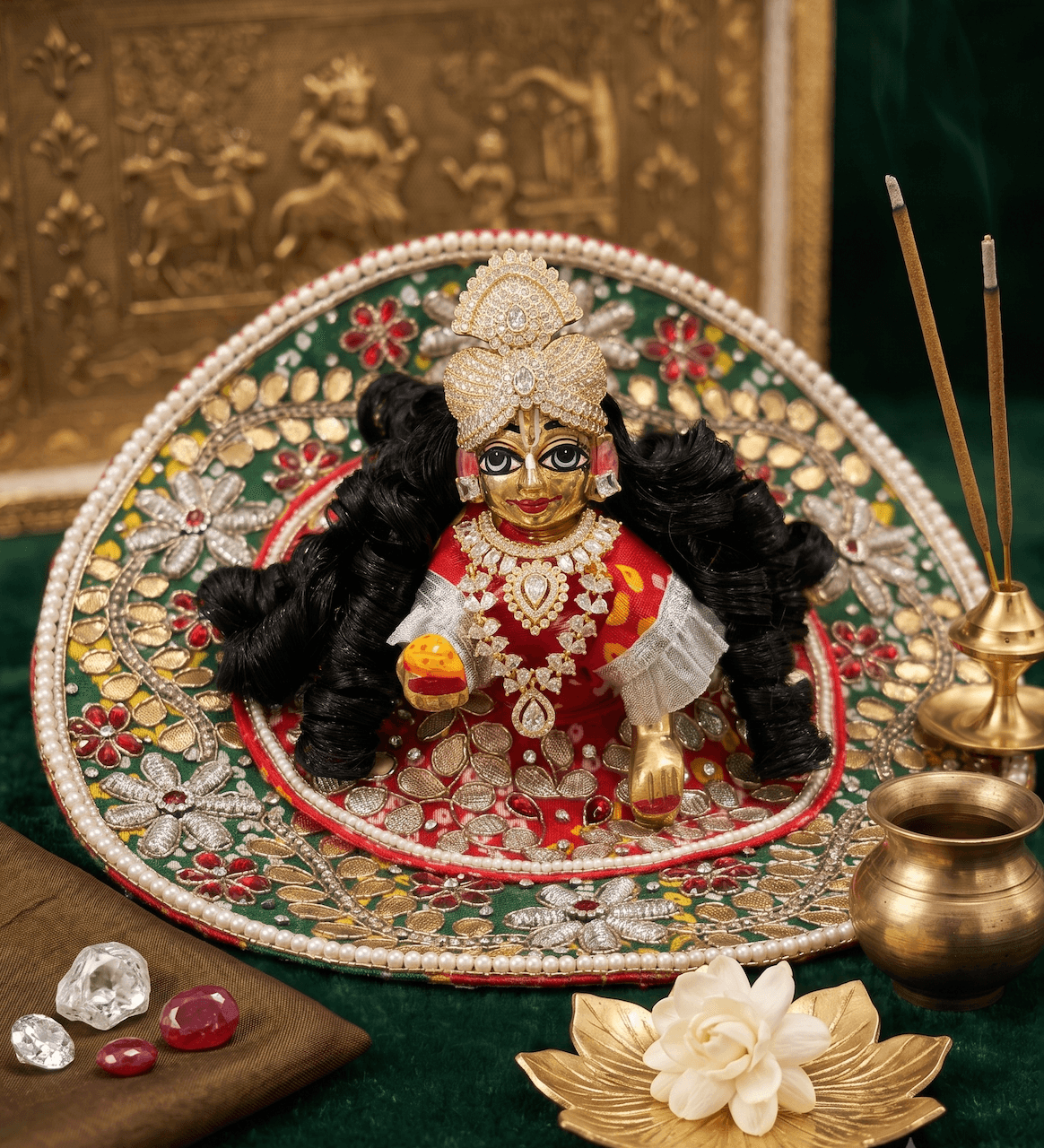 Royal Crimson & Emerald Green Bandhani Silk Poshak Set with Gota Patti & Zardozi Work for Laddu Gopal — image 1
