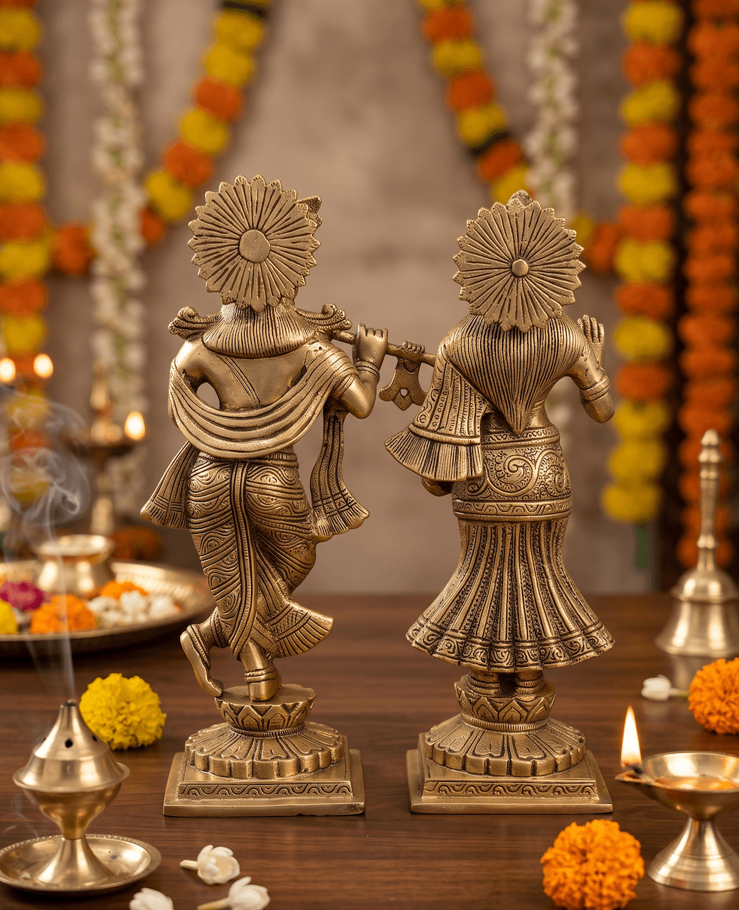 Handcrafted 10 Inch Yugala Sarkar Radha Krishna Antique Brass Vigraha Idol Pair with Flute & Abhaya Mudra for Home Mandir, Janmashtami & Festive Pooja — image 2
