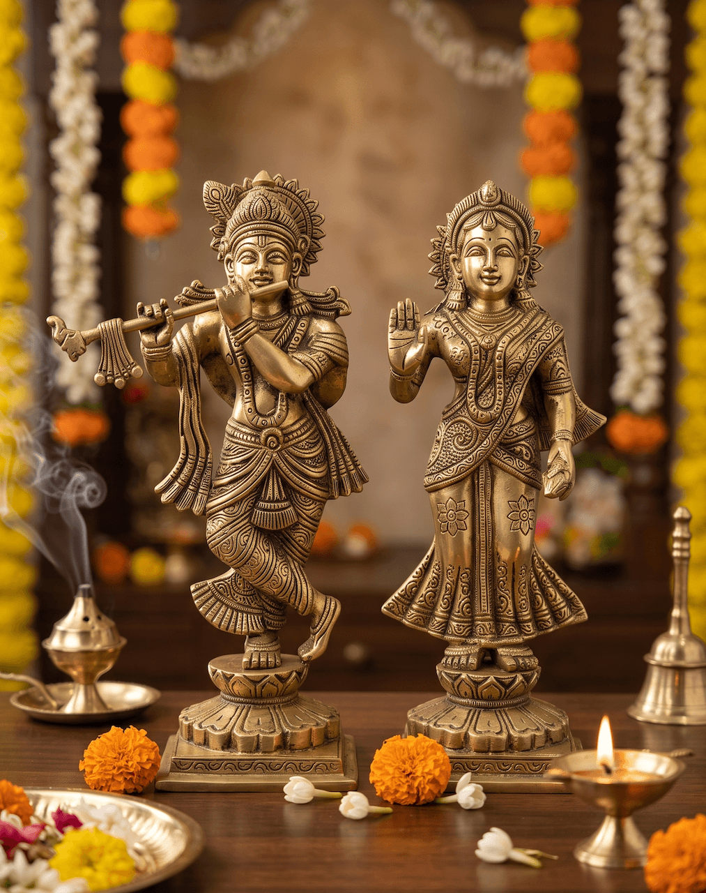 Handcrafted 10 Inch Yugala Sarkar Radha Krishna Antique Brass Vigraha Idol Pair with Flute & Abhaya Mudra for Home Mandir, Janmashtami & Festive Pooja