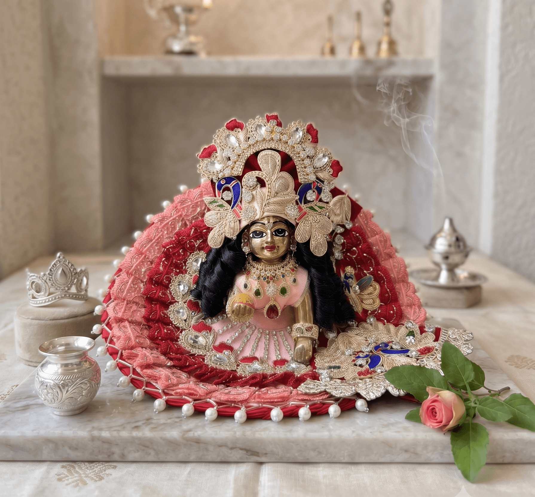 Deep Red Velvet & Rose Pink Embroidered Peacock Deity Dress Set with Pagri — image 1