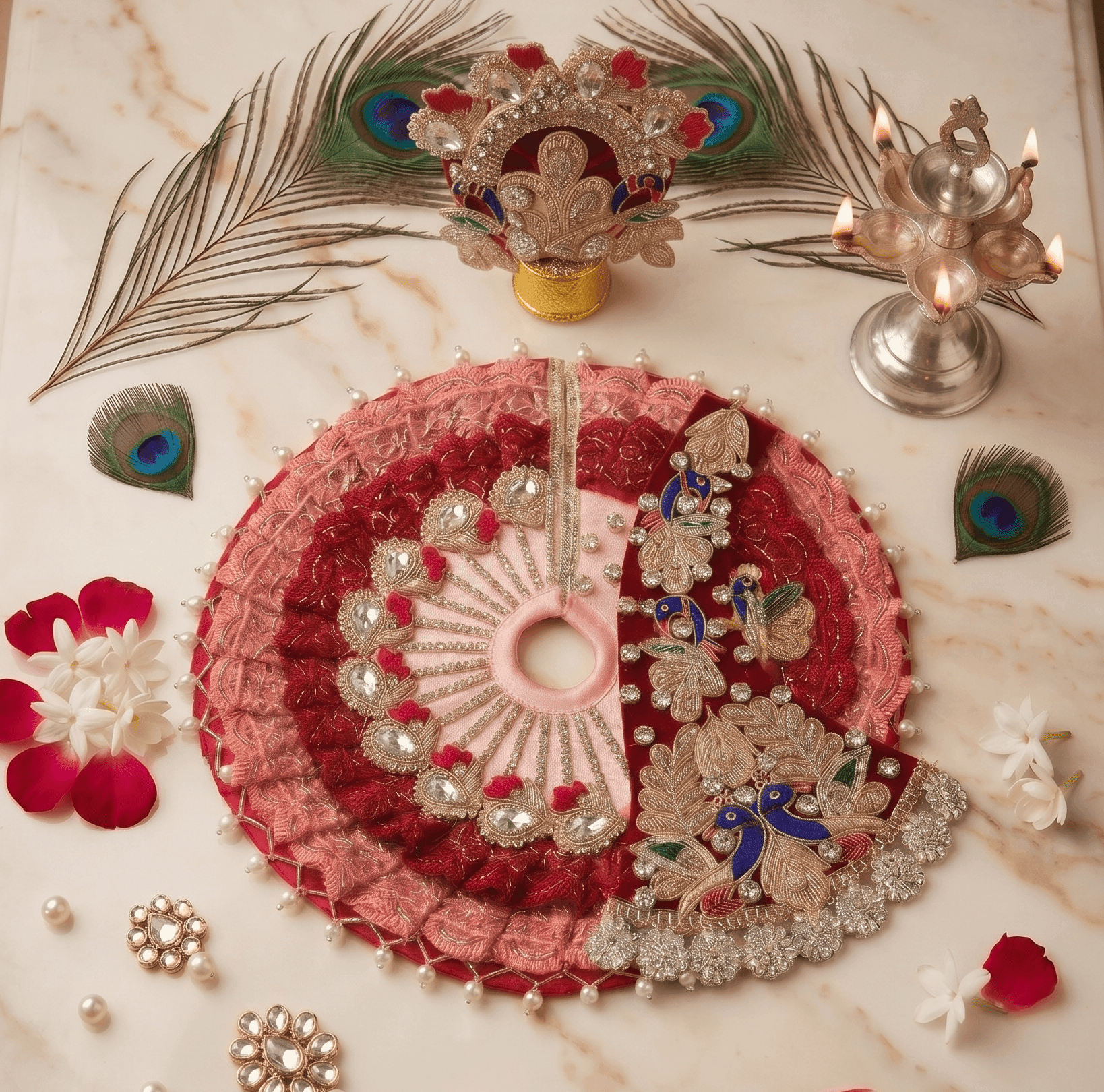 Deep Red Velvet & Rose Pink Embroidered Peacock Deity Dress Set with Pagri — image 2