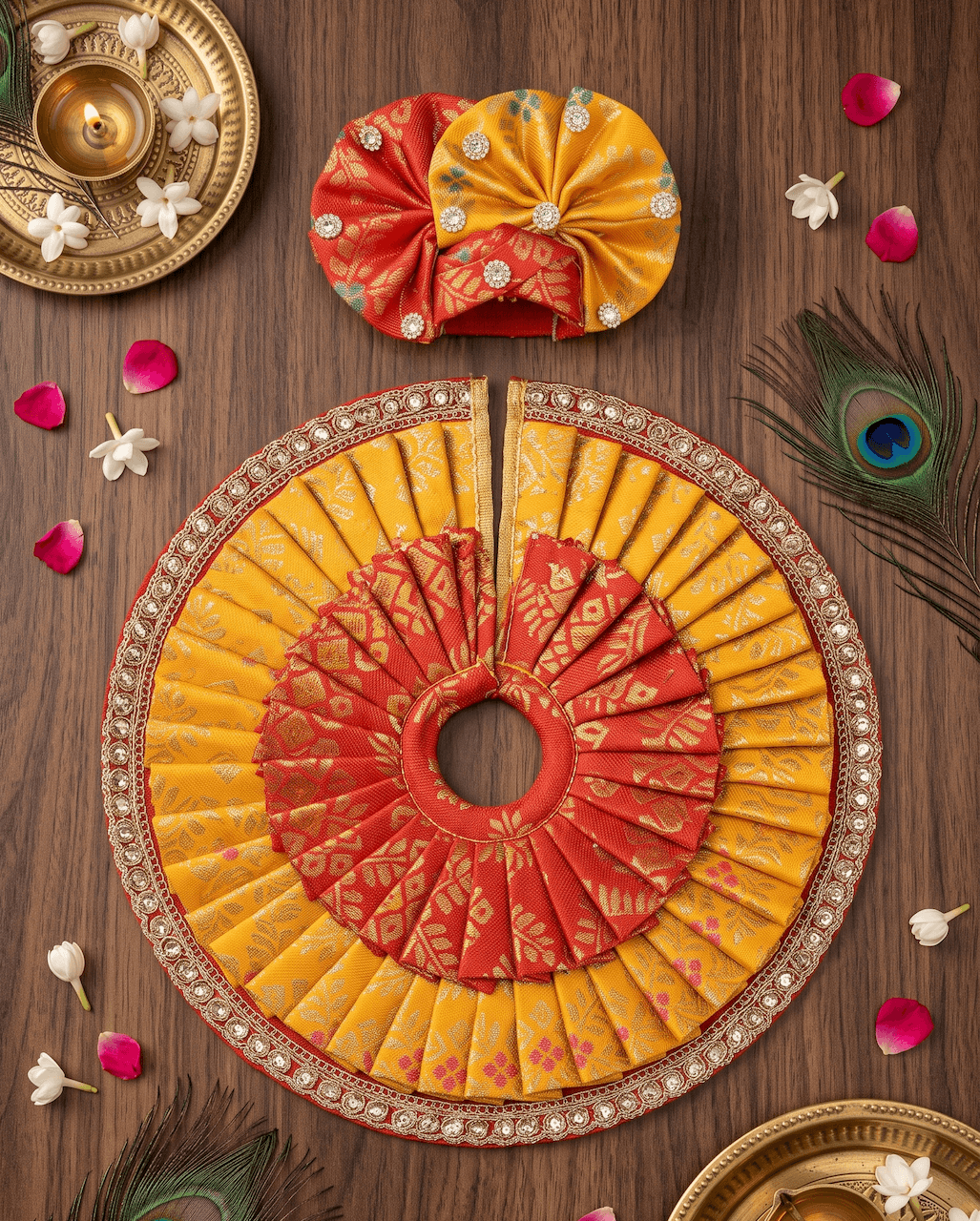 Bright Yellow and Red Brocade Silk Dress Set with Matching Pagri for Laddu Gopal