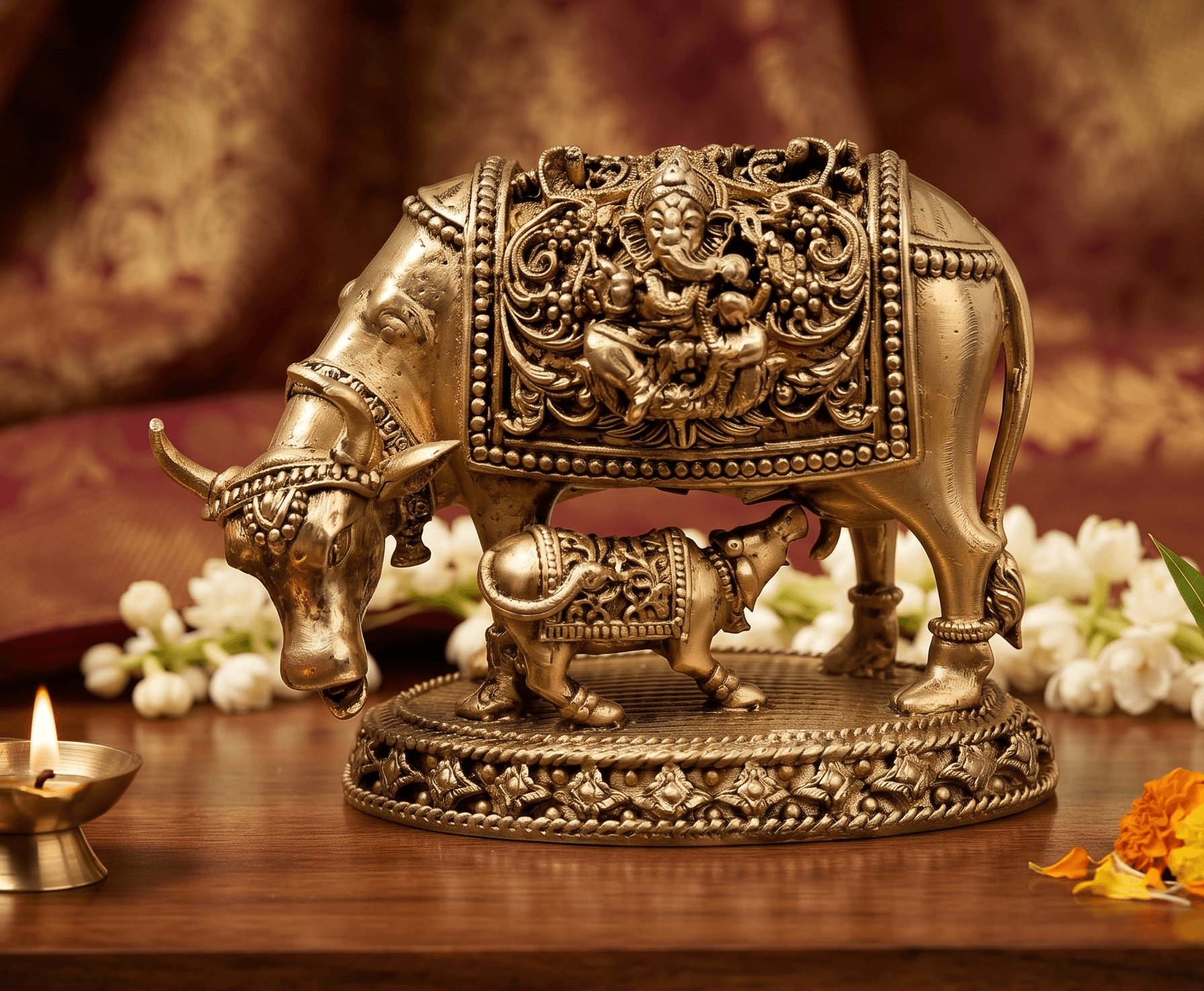 Superfine Kamadhenu Cow and Calf Antique Brass Idol