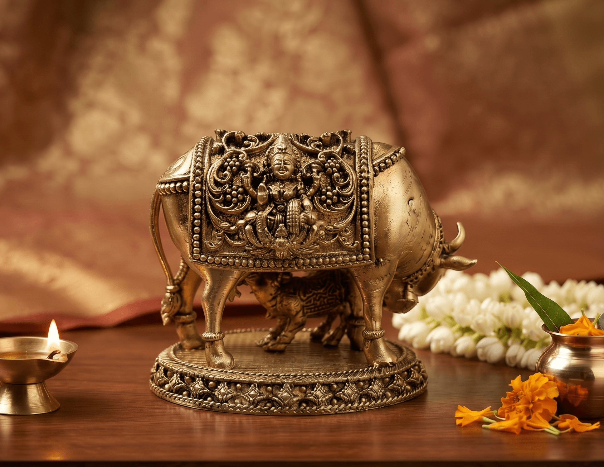 Superfine Kamadhenu Cow and Calf Antique Brass Idol — image 2