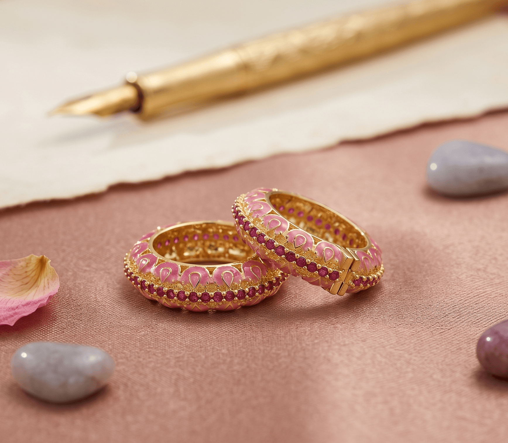 Handcrafted Curved Blush Pink Meenakari AD Lotus Kada Set for Laddu Gopal & Deity Idols