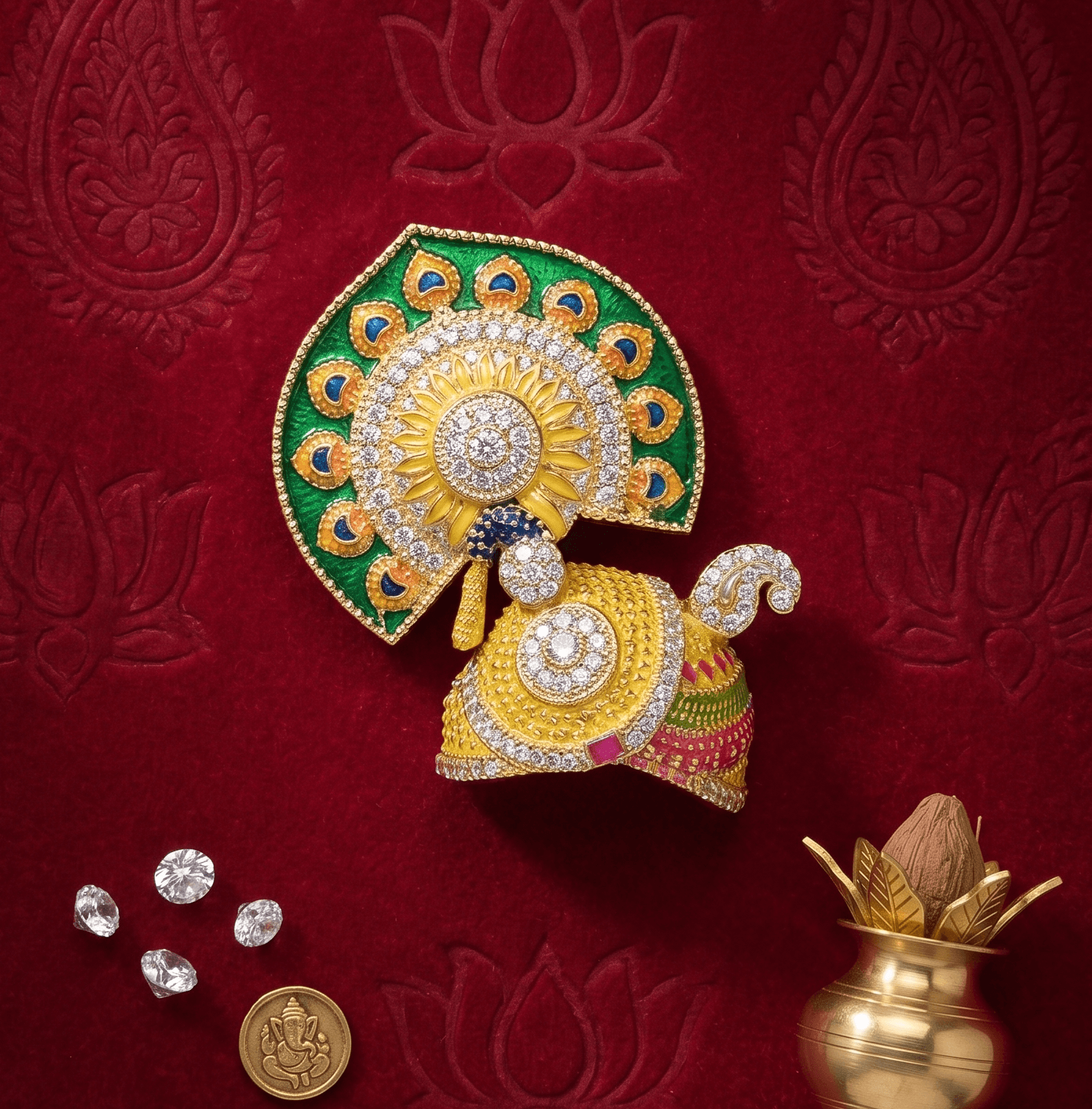 Handcrafted Meenakari Peacock Crown Pagri Mukut with AD Stones for Laddu Gopal & Deity Idols