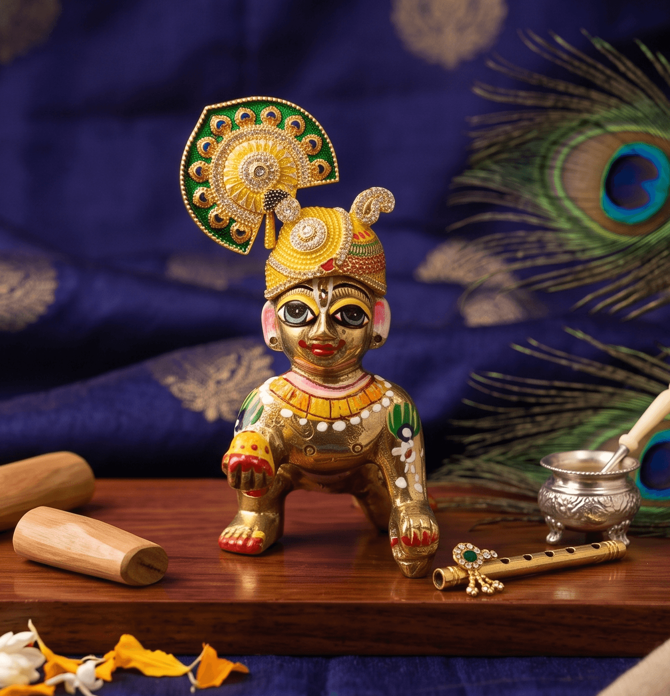 Handcrafted Meenakari Peacock Crown Pagri Mukut with AD Stones for Laddu Gopal & Deity Idols — image 3
