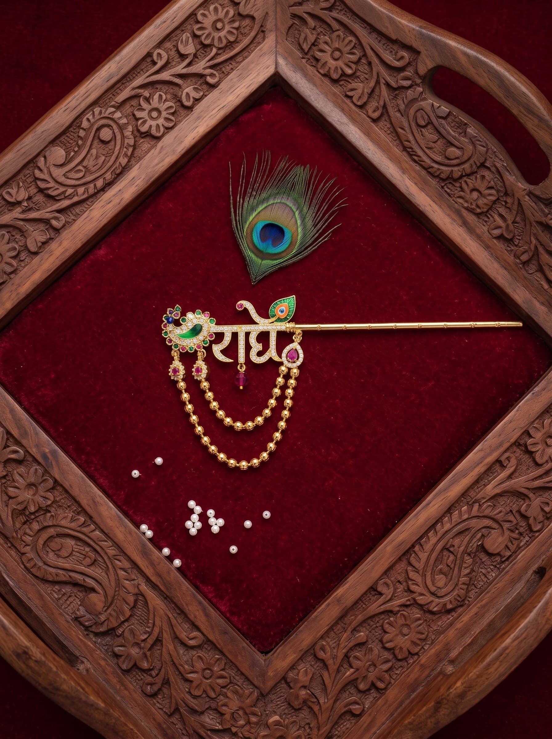 Divine "Radhe" Gold-Plated Krishna Bansuri with Peacock Motif & Hanging Beads — image 1