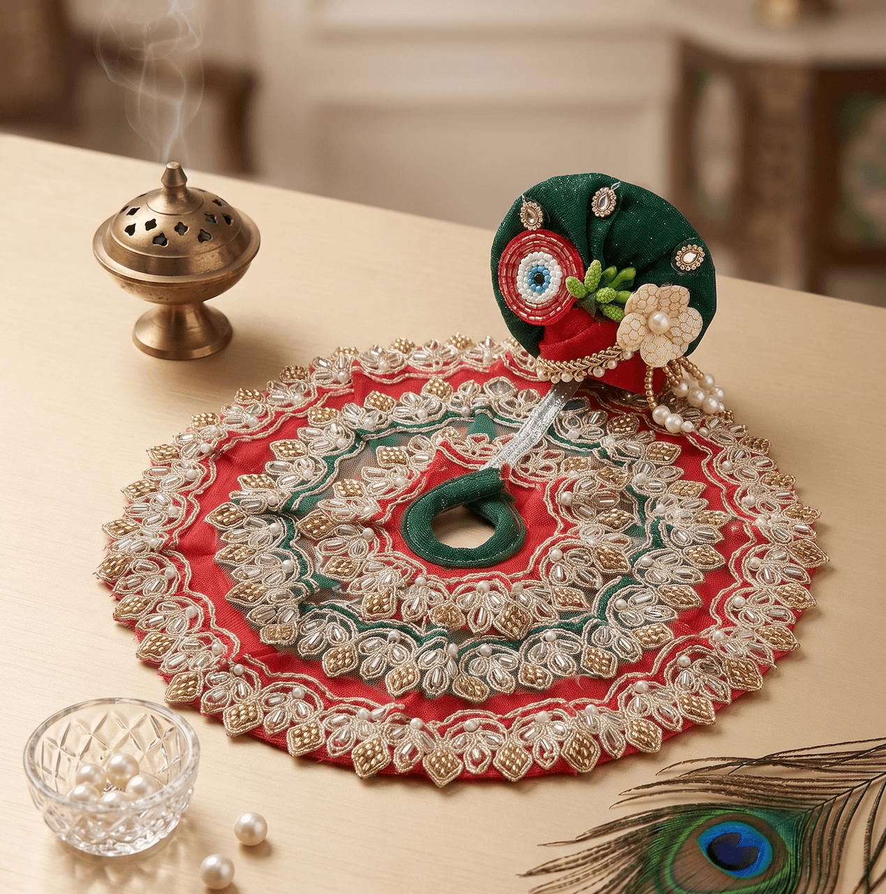 Handcrafted Red & Emerald Green Heavy Zari Moti Poshak with Designer Floral Pagri for Laddu Gopal — image 2