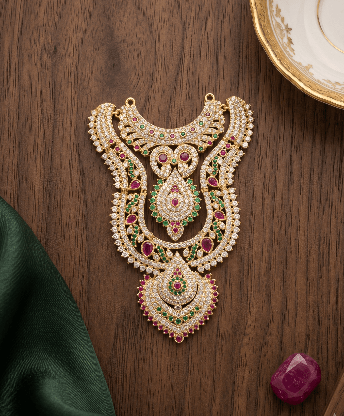 Handcrafted Mayura Padam AD Deity Hasli with Scalloped Heart Medallion - Multi