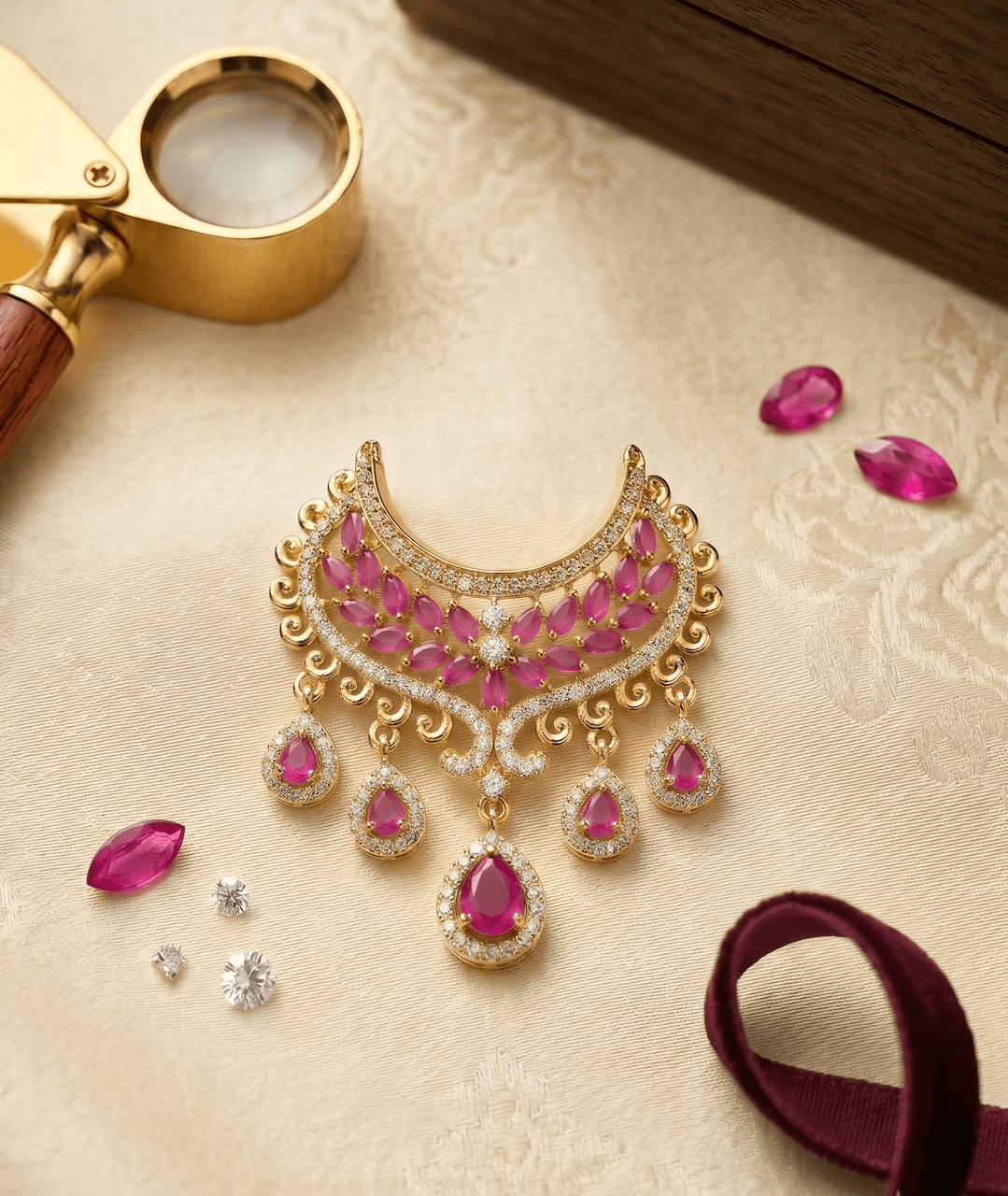 Handcrafted Gold-Plated AD & Gemstone Crescent Deity Choker Necklace for God Idols - Ruby — image 1