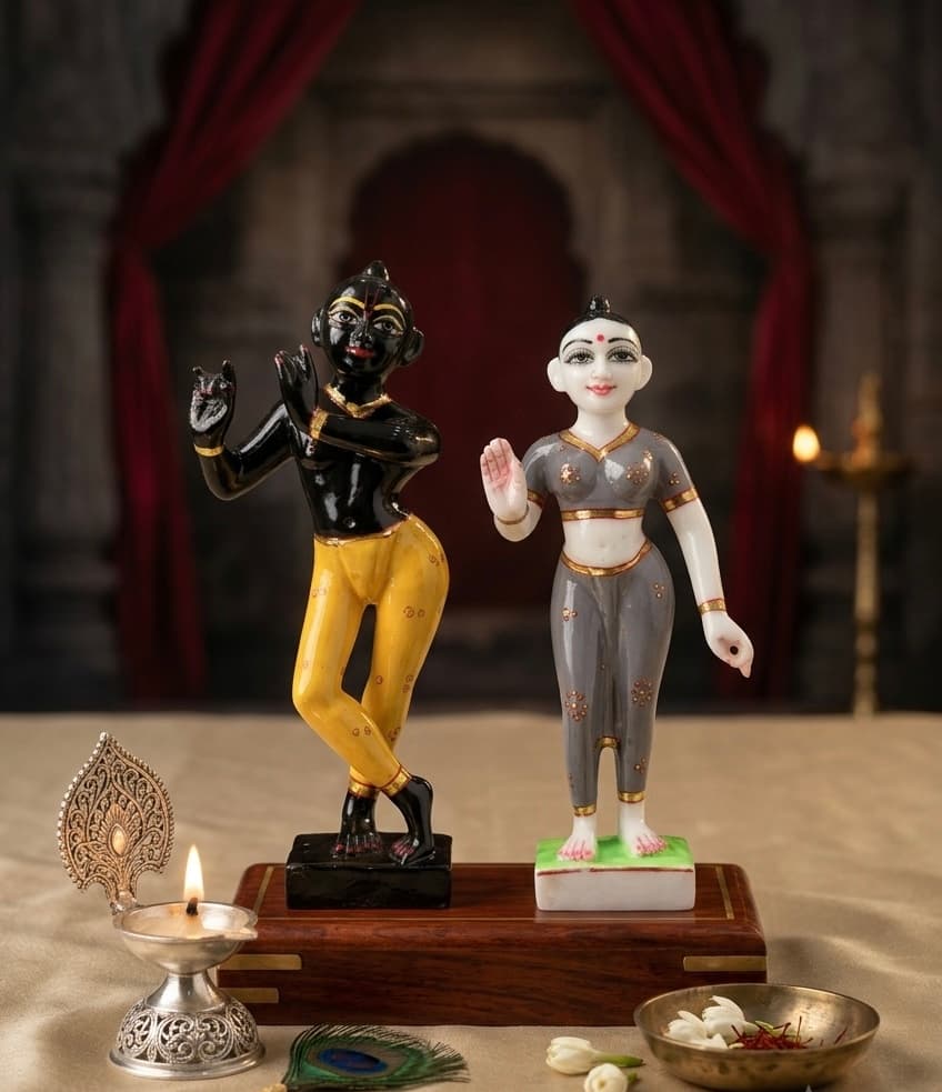 Radha Krishna Marble Dust Murti Pair, Hand-Painted for Home Mandir ISKCON Style