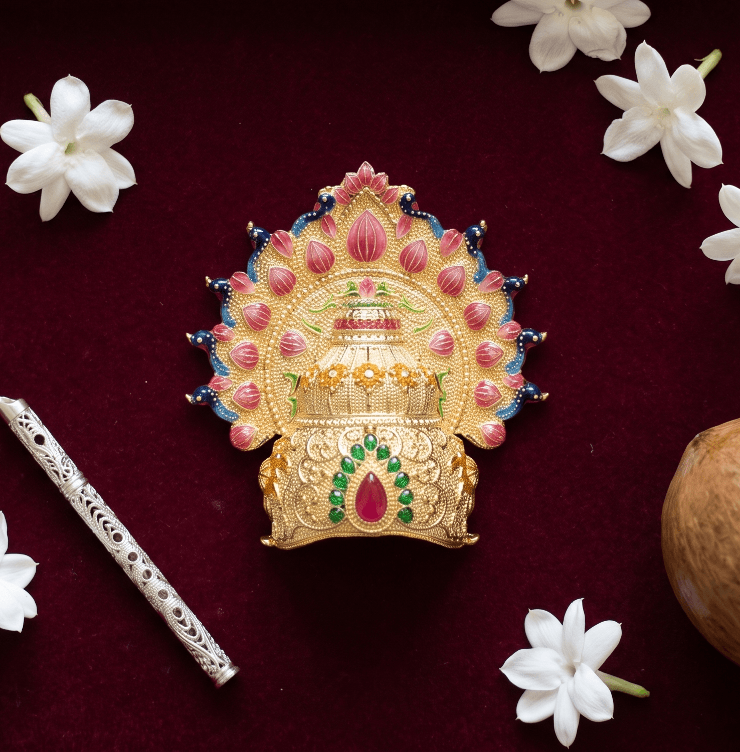 Handcrafted Gold-Plated Meenakari Lotus Kalash Crown Mukut with Gemstone Accents for Laddu Gopal & Deity Idols