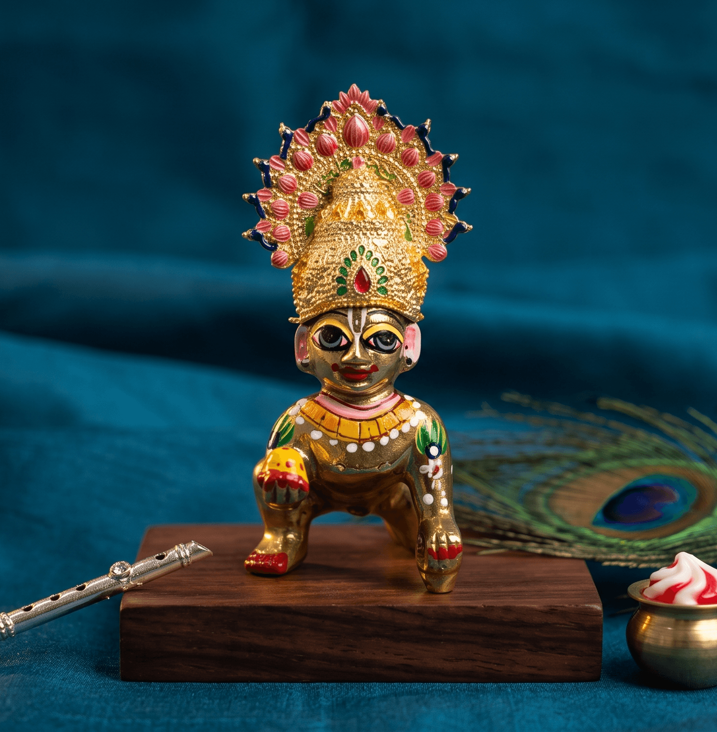 Handcrafted Gold-Plated Meenakari Lotus Kalash Crown Mukut with Gemstone Accents for Laddu Gopal & Deity Idols — image 2