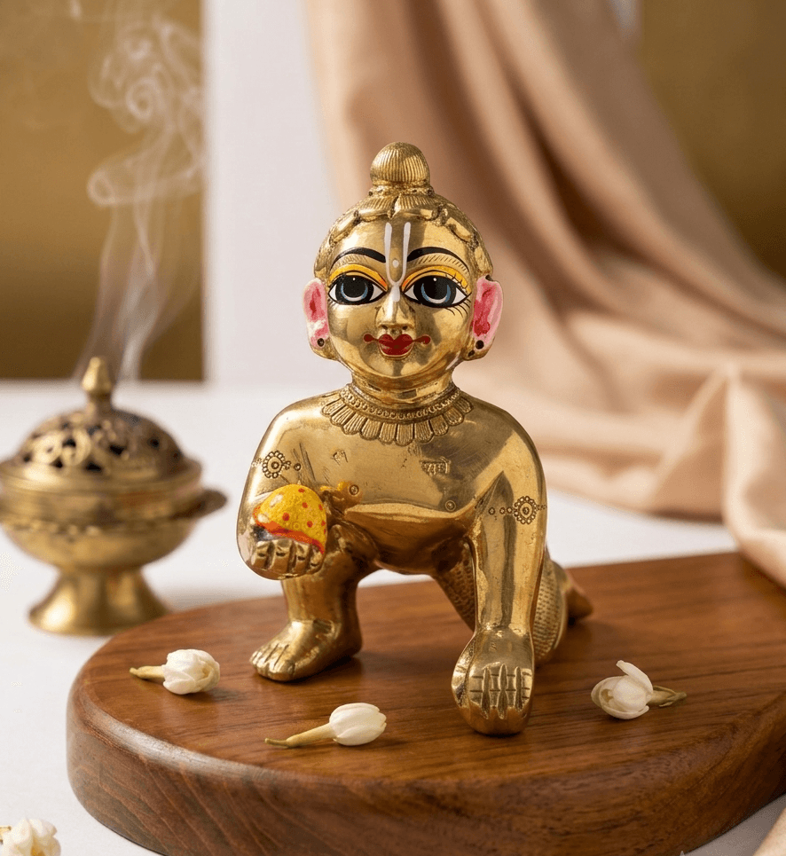 Handcrafted Ashtadhatu Laddu Gopal Idol with Hand-Painted Facial Features & Laddu