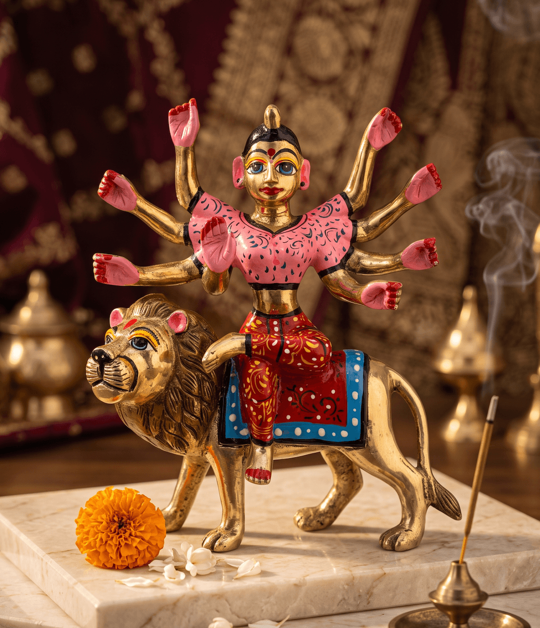 Handcrafted ISKCON Style Hand-Painted Brass Goddess Durga Idol - 9 Inch — image 1