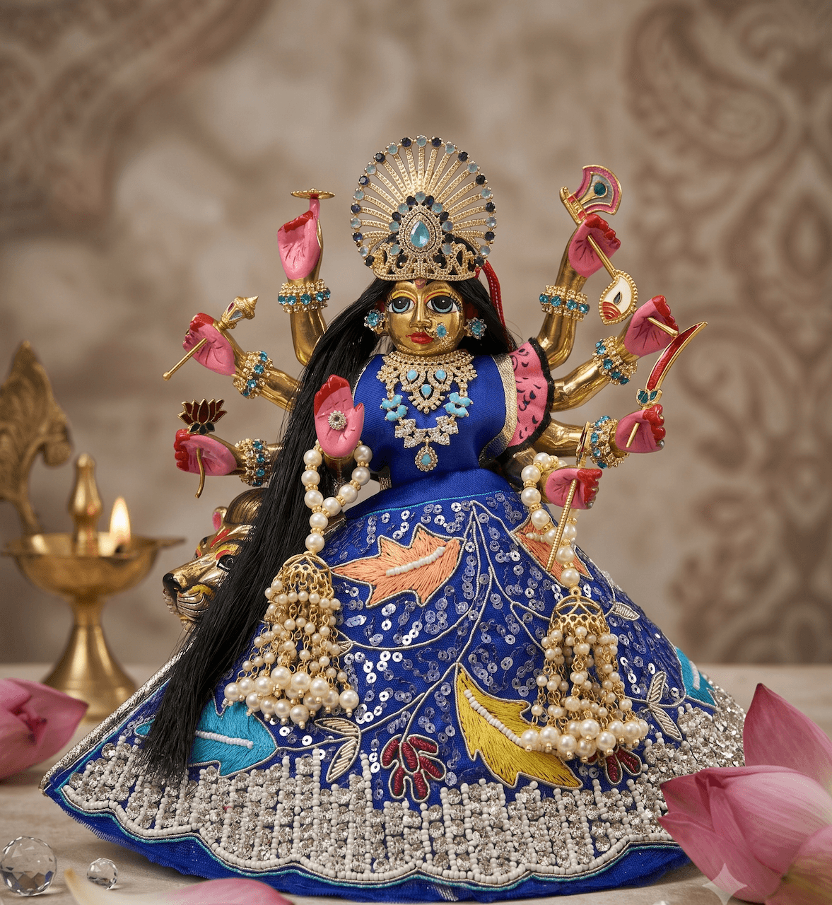 Handcrafted ISKCON Style Hand-Painted Brass Goddess Durga Idol - 9 Inch — image 2