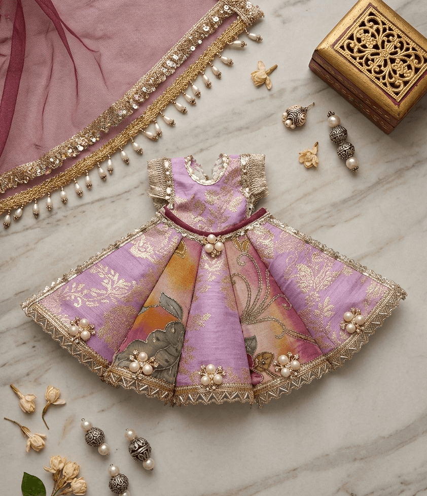 Handcrafted Lavender Brocade Mata Rani Poshak Set with Chunri — image 1
