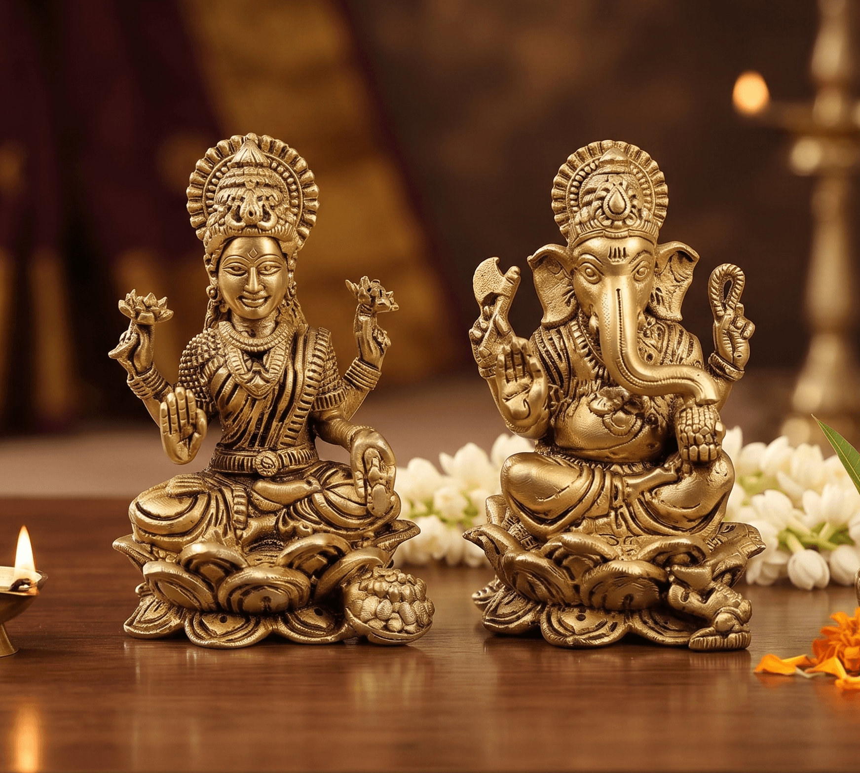 Superfine Laxmi Ganesh Brass Idol Set on Lotus Pedestals