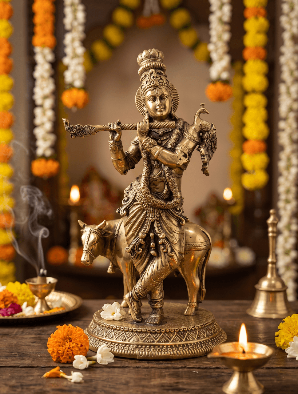 Handcrafted 9 Inch Krishna with Cow & Peacock Superfine Antique Brass Idol
