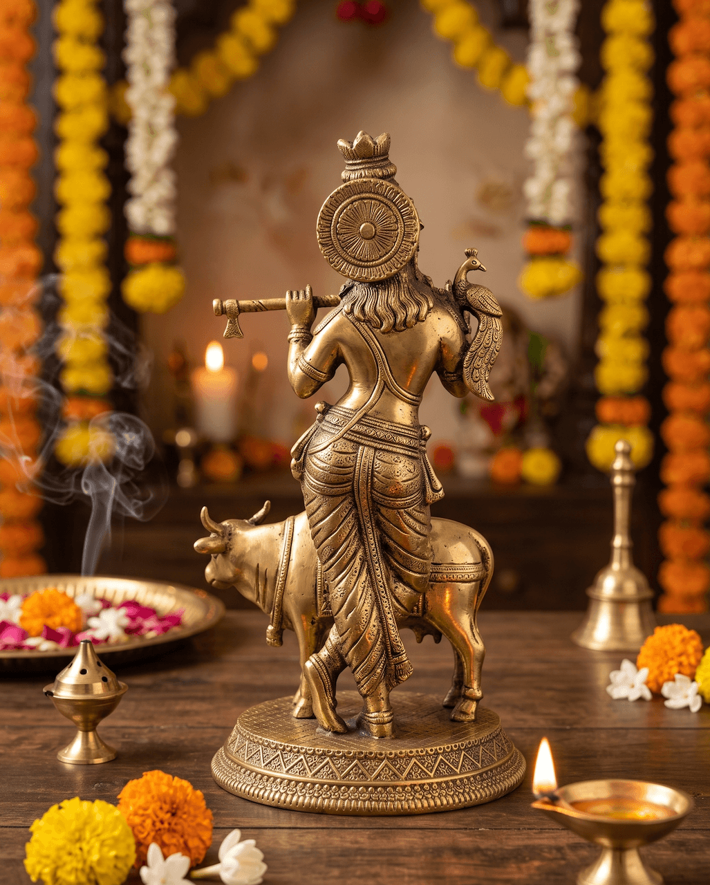 Handcrafted 9 Inch Krishna with Cow & Peacock Superfine Antique Brass Idol — image 2