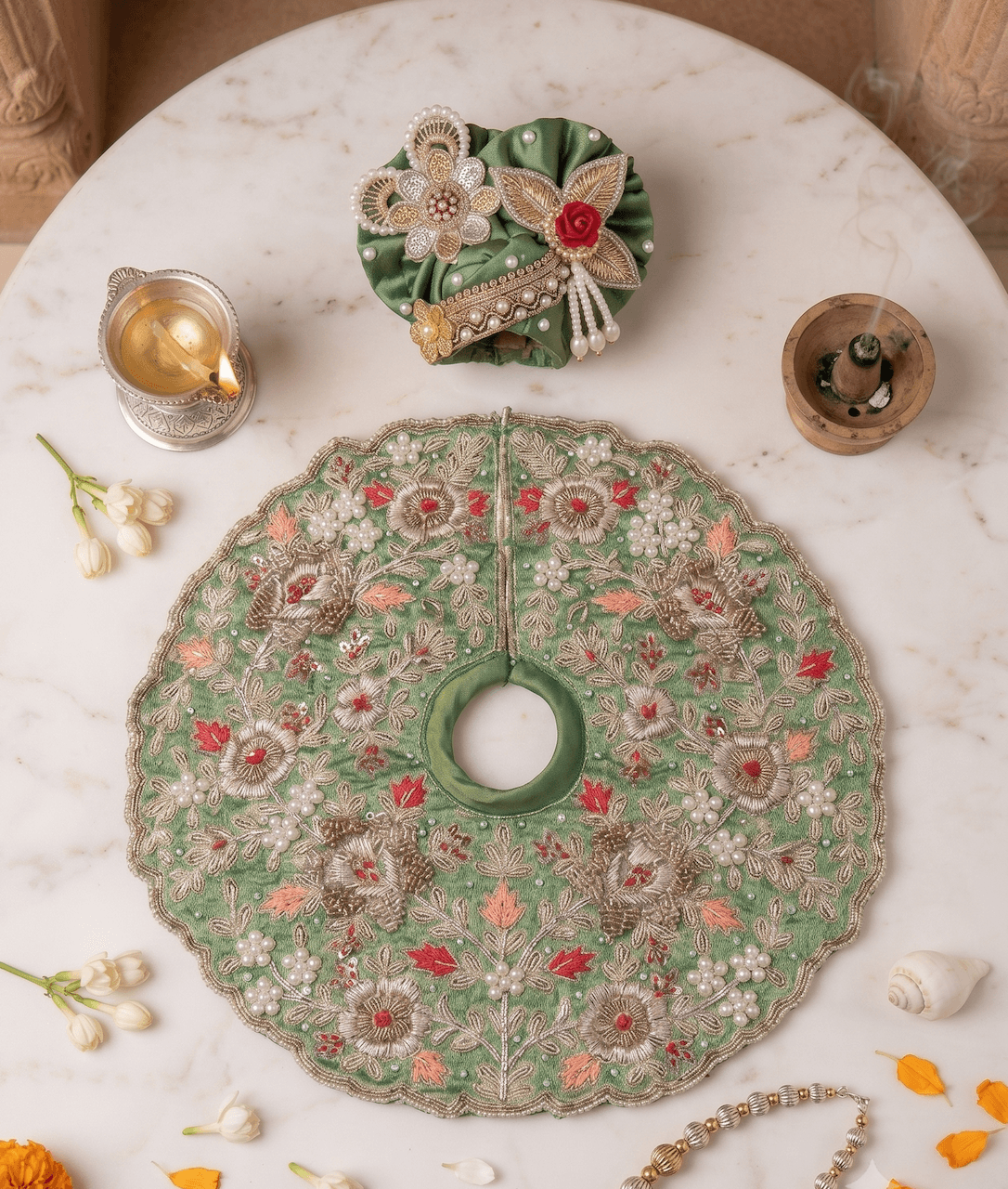 Heavy Hand-Embroidered Floral Silk Poshak Set with Matching Pagri Turban for Laddu Gopal — image 1