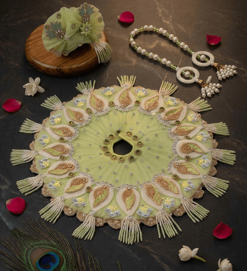 Mint Green Net Kalka Motif Poshak Set with Matching Pagri & Pearl Stole for Laddu Gopal — image 1