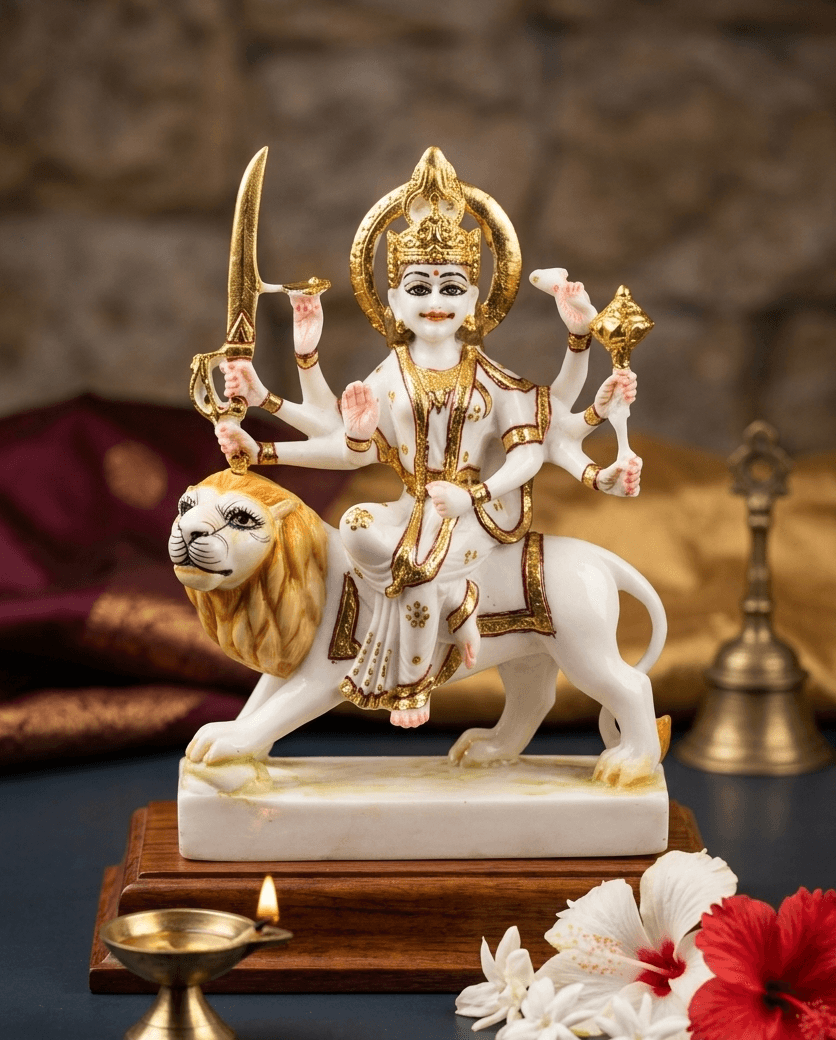 The Sacred White Marble Finish Maa Durga Idol with Ornate Gold Detailing — image 1