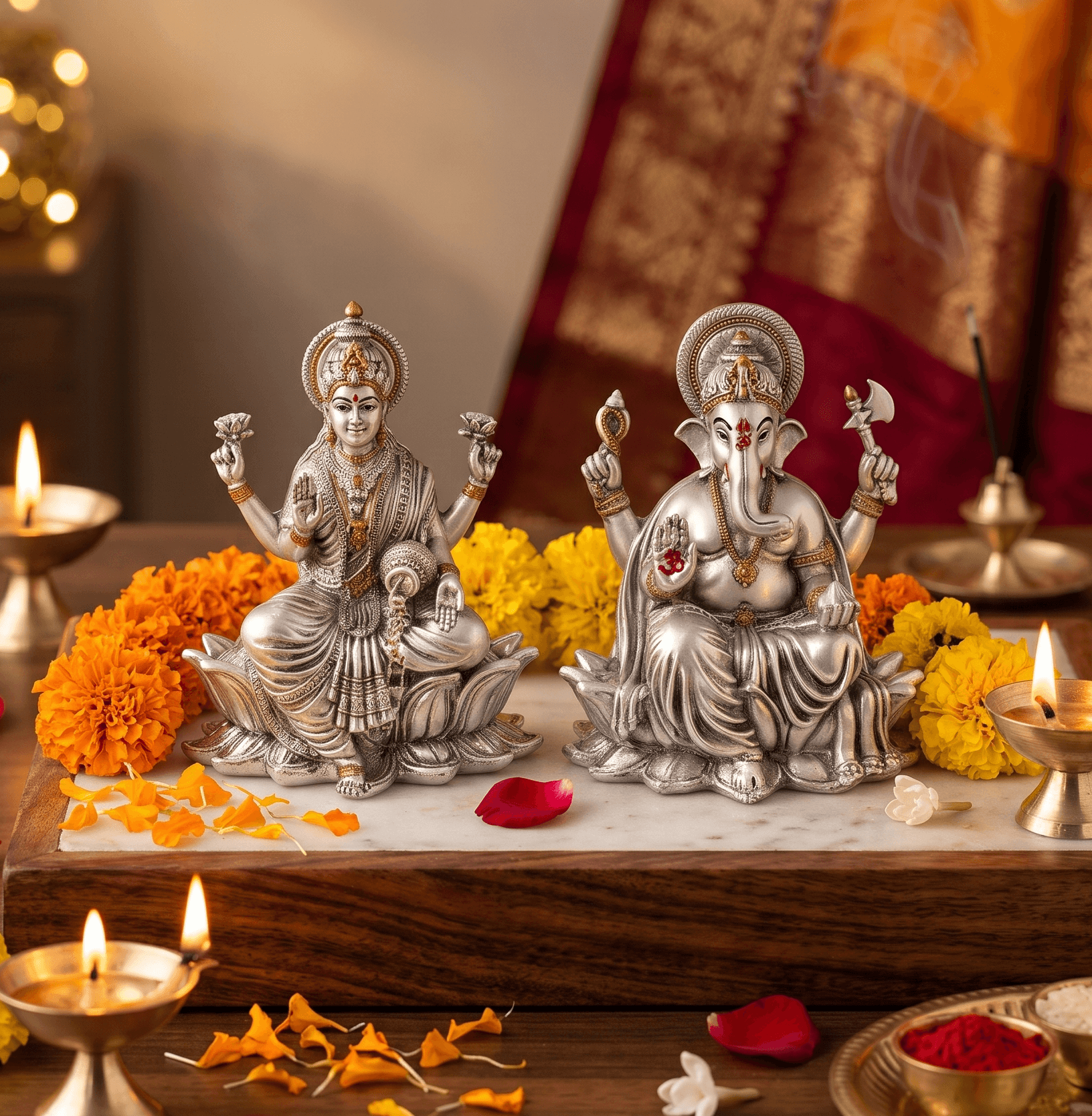6 Inch Silver Plated Laxmi Ganesh Vigraha Idol Pair with Color Accents on Lotus Pedestals for Home Mandir, Dhanteras & Diwali Pooja — image 1
