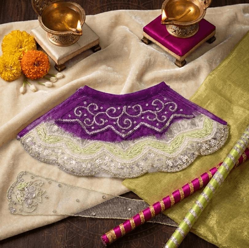 Handcrafted Purple & Light Green Net Embroidered Mata Rani Poshak Set — image 1