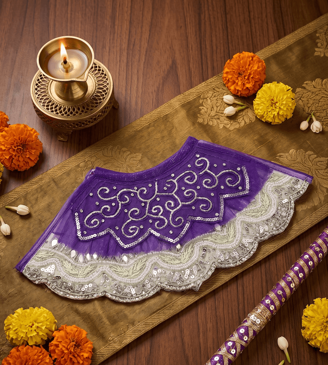 Handcrafted Purple & Light Green Net Embroidered Mata Rani Poshak Set — image 2